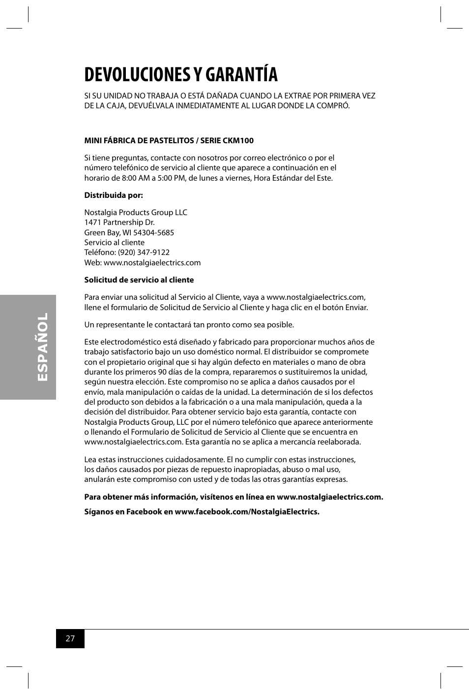 Devoluciones y garantía | Nostalgia Electrics CKM100 User Manual | Page 29 / 42