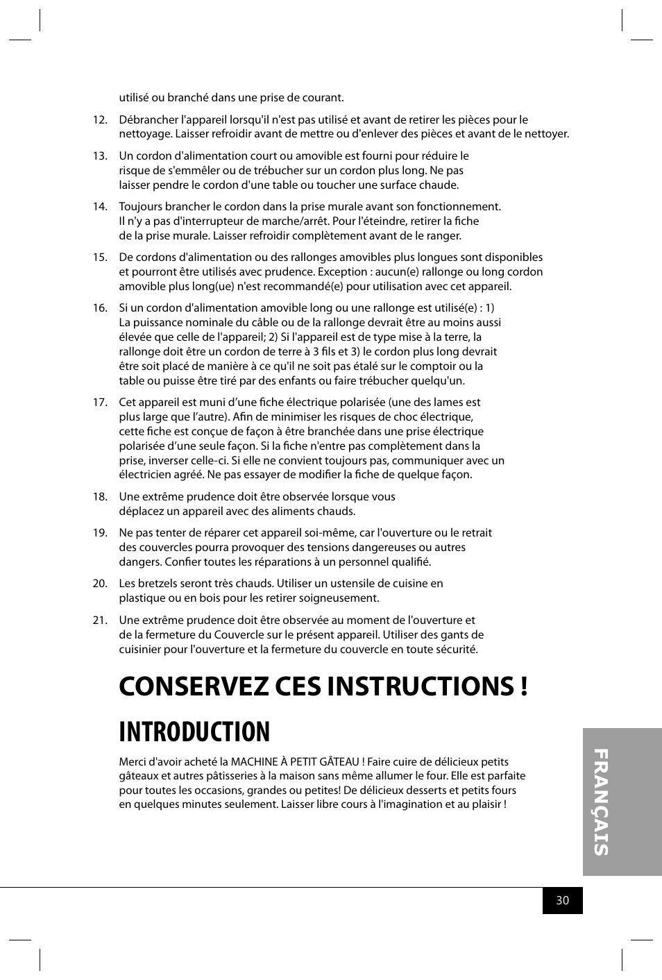 Introduction, Conservez ces instructions | Nostalgia Electrics CKM100 User Manual | Page 32 / 42