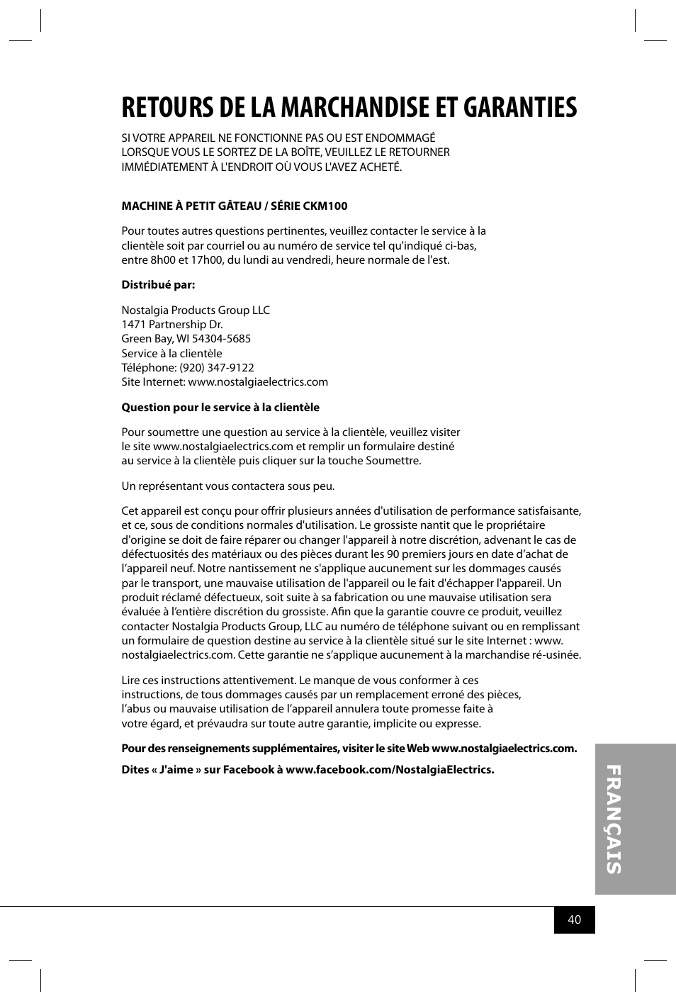 Retours de la marchandise et garanties | Nostalgia Electrics CKM100 User Manual | Page 42 / 42