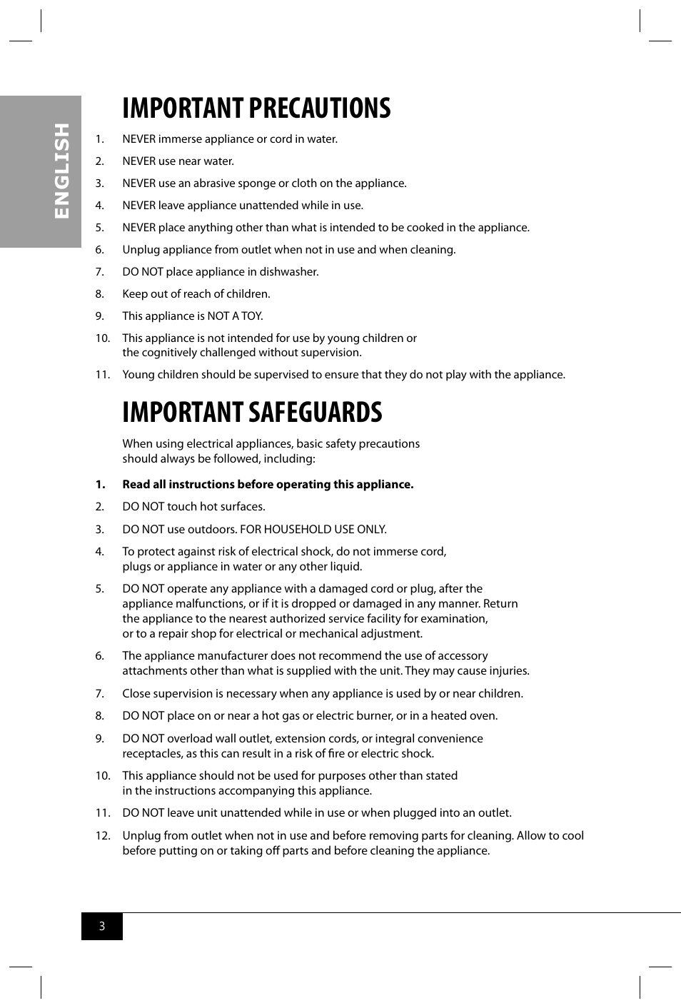 Important precautions, Important safeguards, En g li s h | Nostalgia Electrics CKM100 User Manual | Page 5 / 42