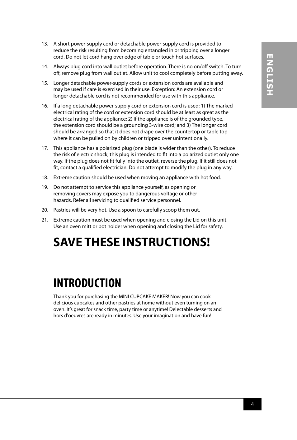 Introduction, Save these instructions, En g li s h | Nostalgia Electrics CKM100 User Manual | Page 6 / 42