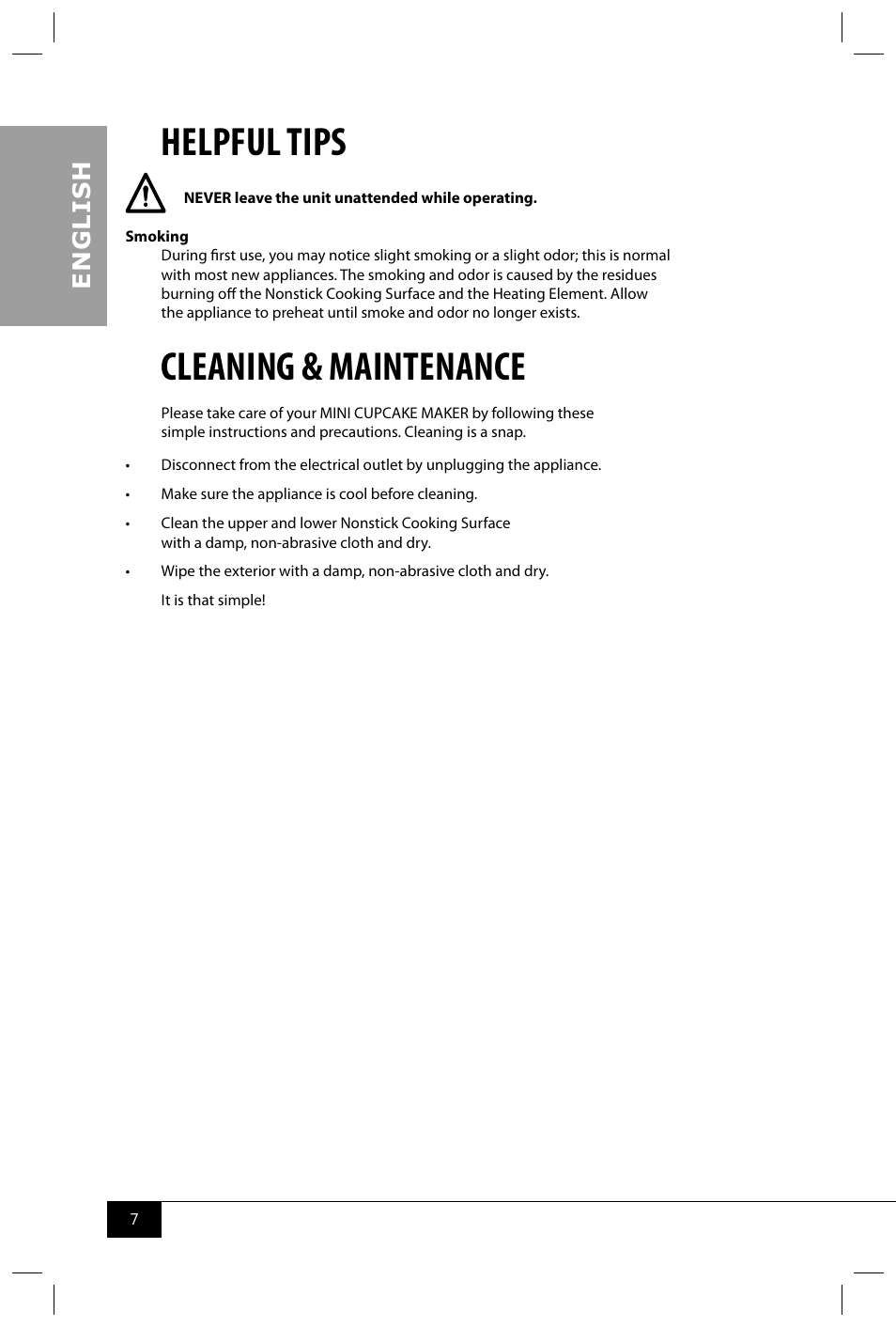 Helpful tips, Cleaning & maintenance, En g li s h | Nostalgia Electrics CKM100 User Manual | Page 9 / 42