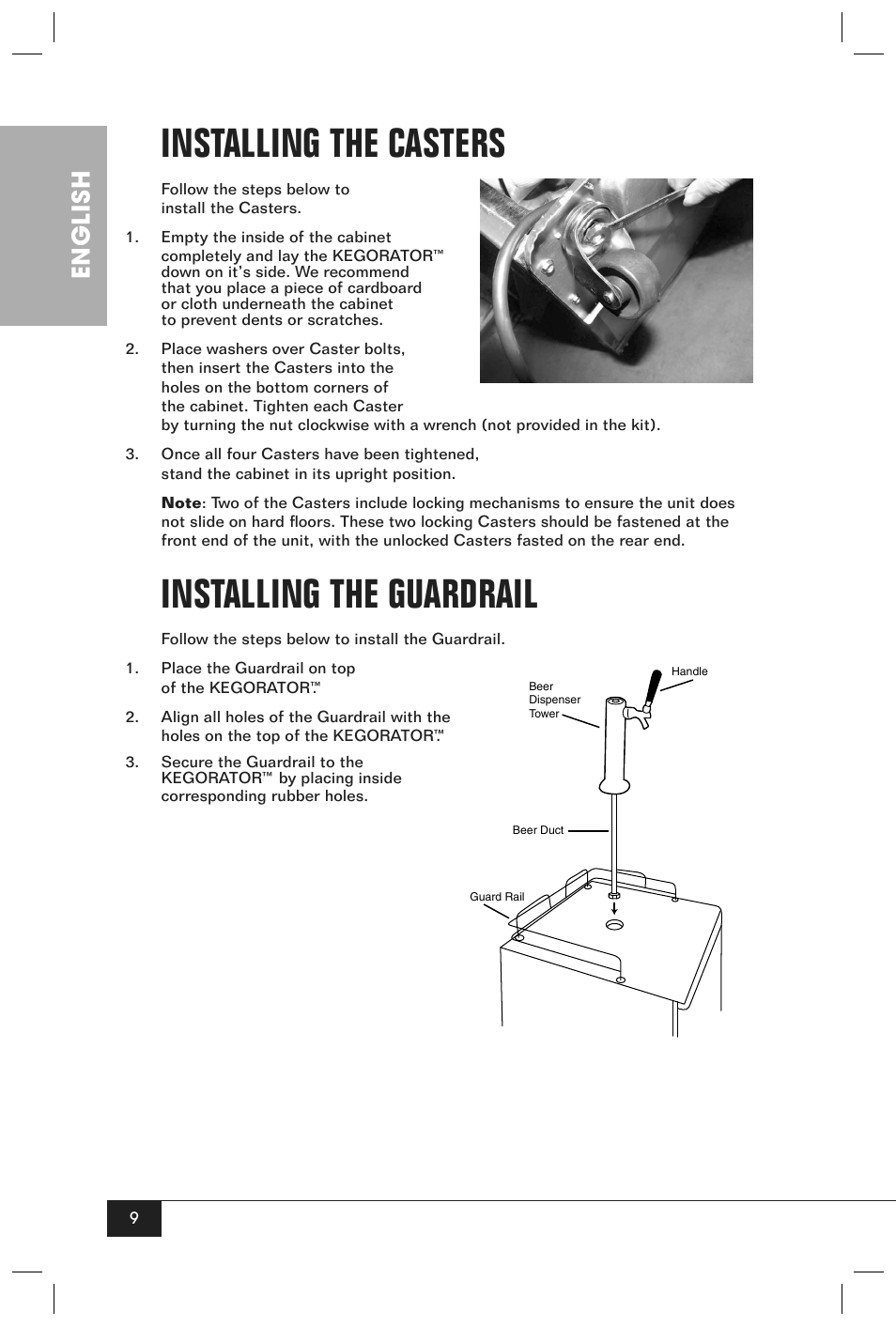 Installing the casters, Installing the guardrail, English | Nostalgia Electrics KRS-2150 User Manual | Page 11 / 20