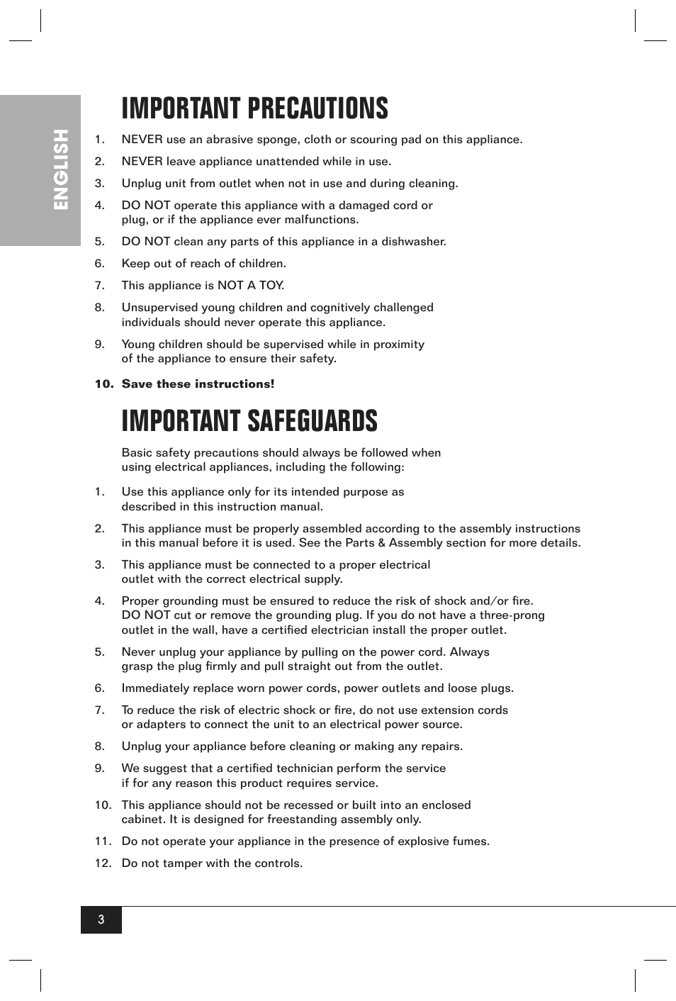 Important precautions, Important safeguards, English | Nostalgia Electrics KRS-2150 User Manual | Page 5 / 20