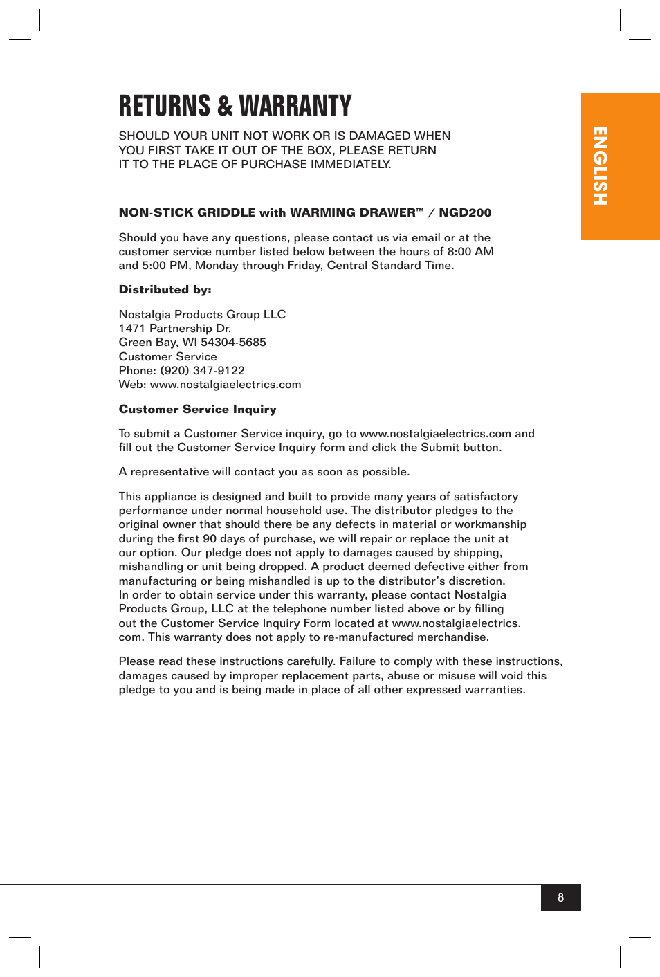 Returns & warranty, English | Nostalgia Electrics NGD-200 User Manual | Page 10 / 12