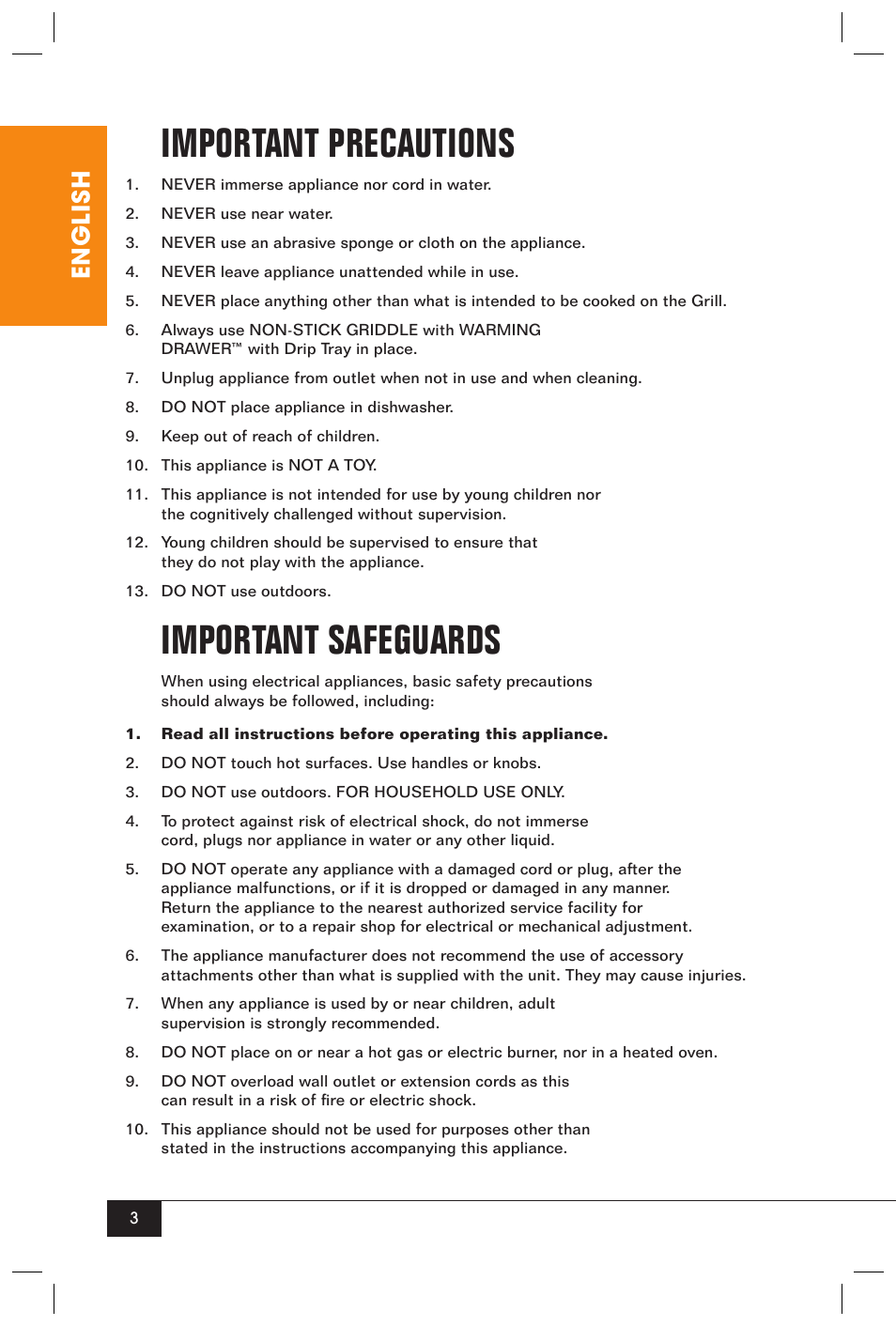 Important precautions, Important safeguards, English | Nostalgia Electrics NGD-200 User Manual | Page 5 / 12