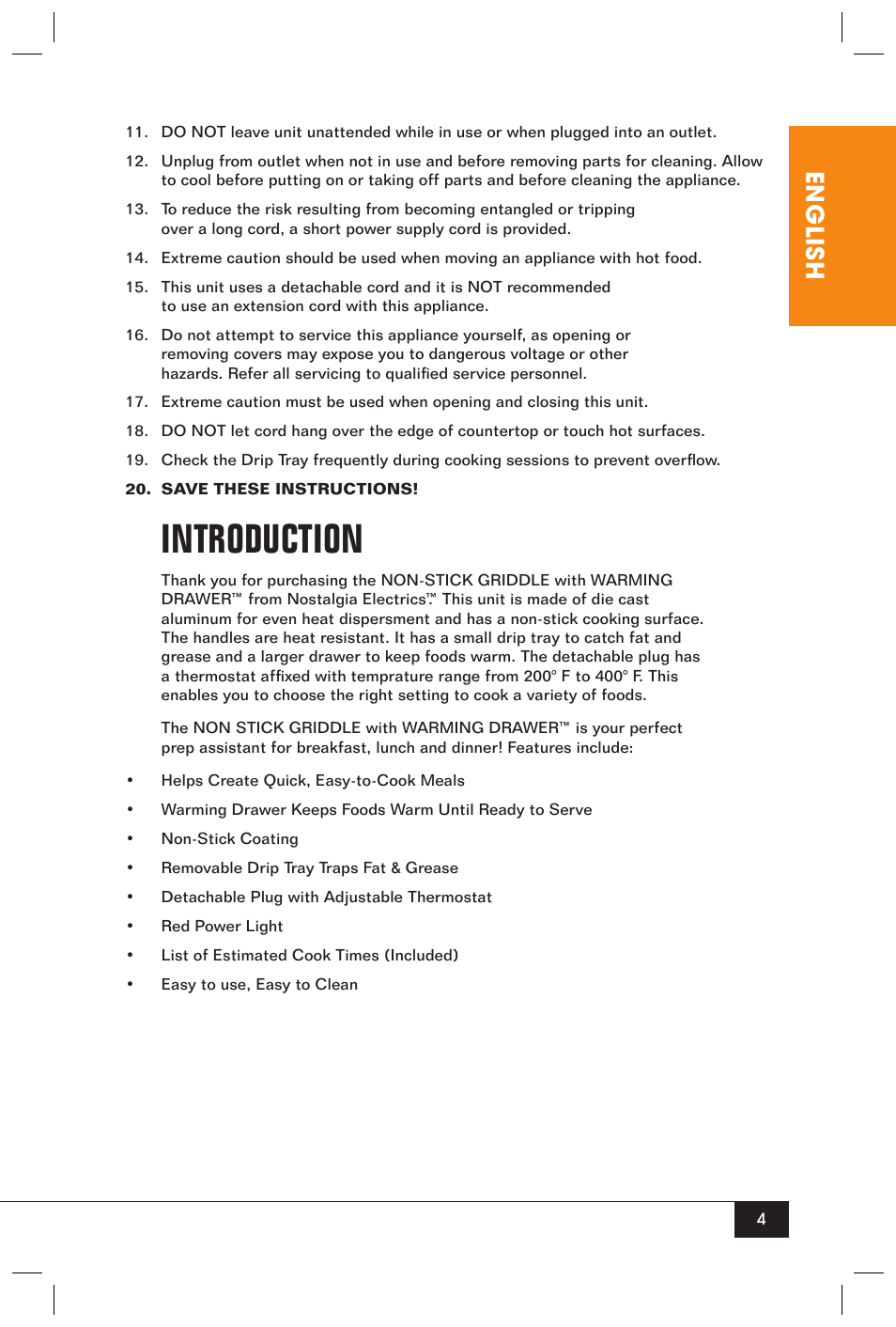 Introduction, English | Nostalgia Electrics NGD-200 User Manual | Page 6 / 12