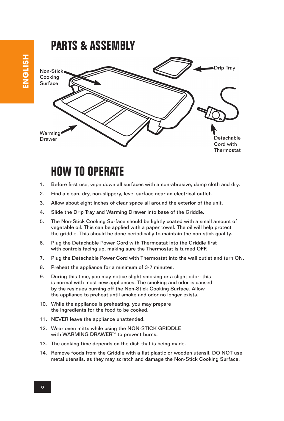 Parts & assembly how to operate, English | Nostalgia Electrics NGD-200 User Manual | Page 7 / 12