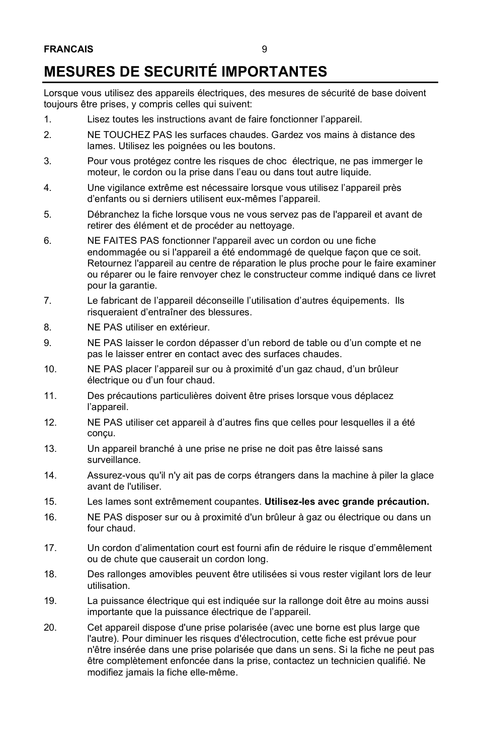 Mesures de securité importantes, Francais 9, Ne pas utiliser en extérieur | Nostalgia Electrics Vintage SCM-802 User Manual | Page 10 / 16