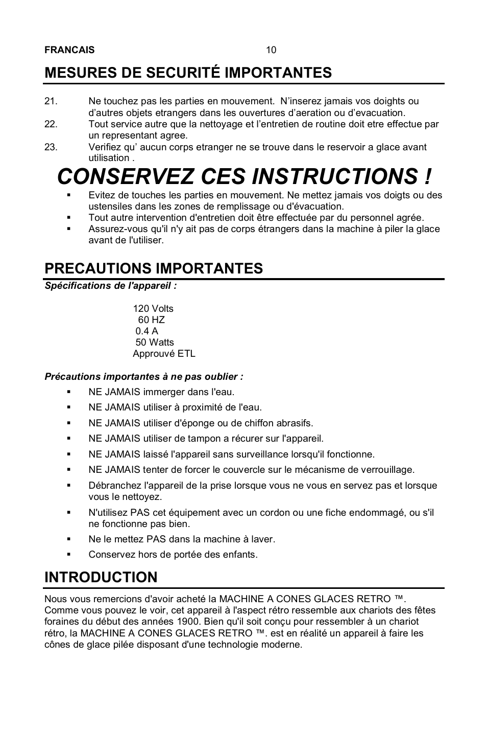 Conservez ces instructions, Mesures de securité importantes, Precautions importantes | Introduction | Nostalgia Electrics Vintage SCM-802 User Manual | Page 11 / 16