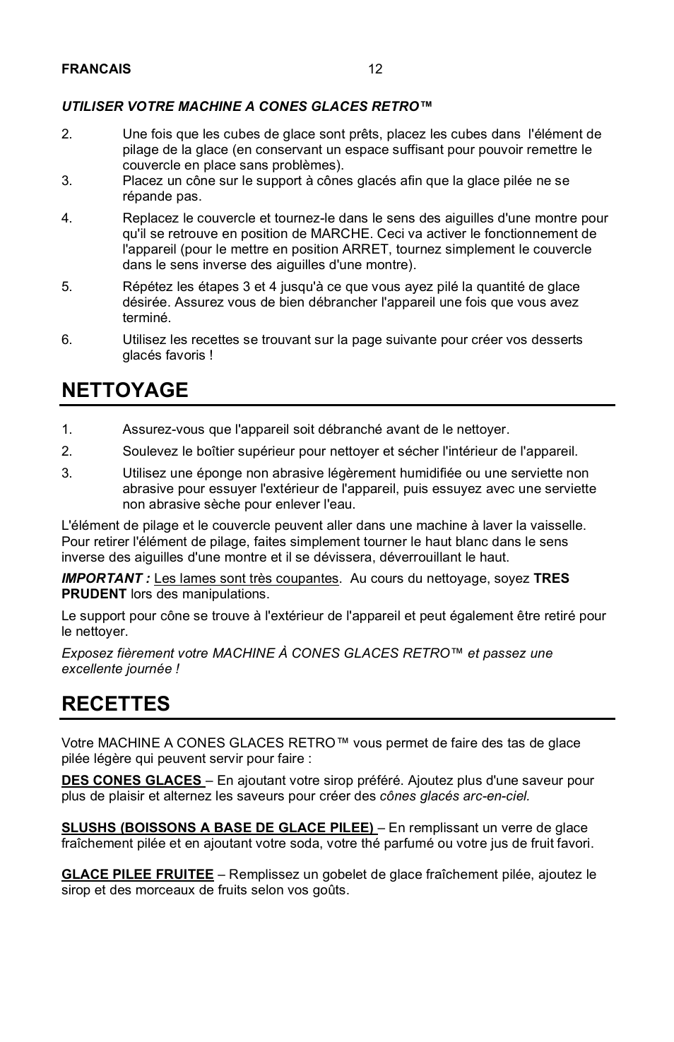 Nettoyage, Recettes | Nostalgia Electrics Vintage SCM-802 User Manual | Page 13 / 16