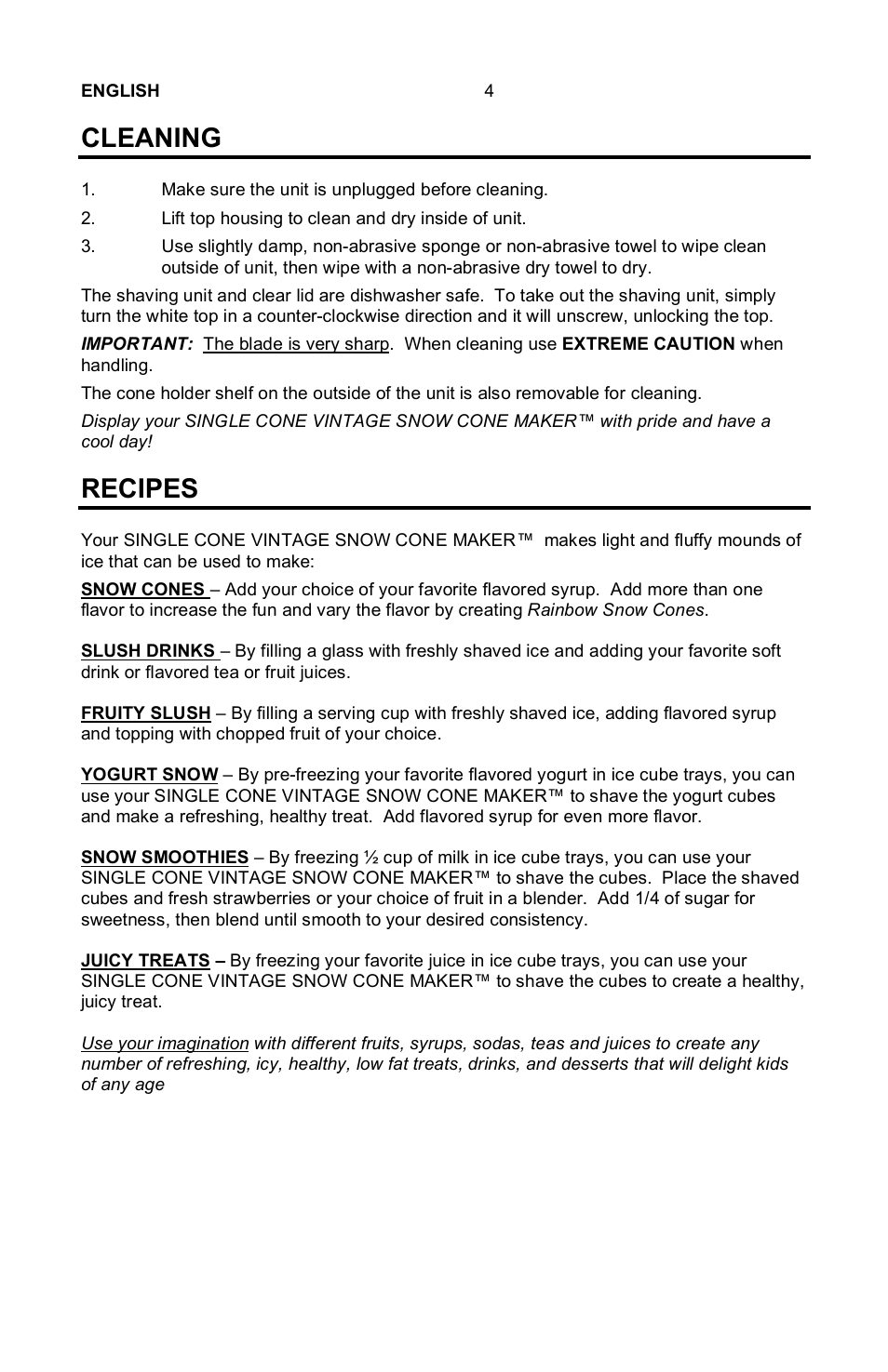 Cleaning, Recipes | Nostalgia Electrics Vintage SCM-802 User Manual | Page 5 / 16