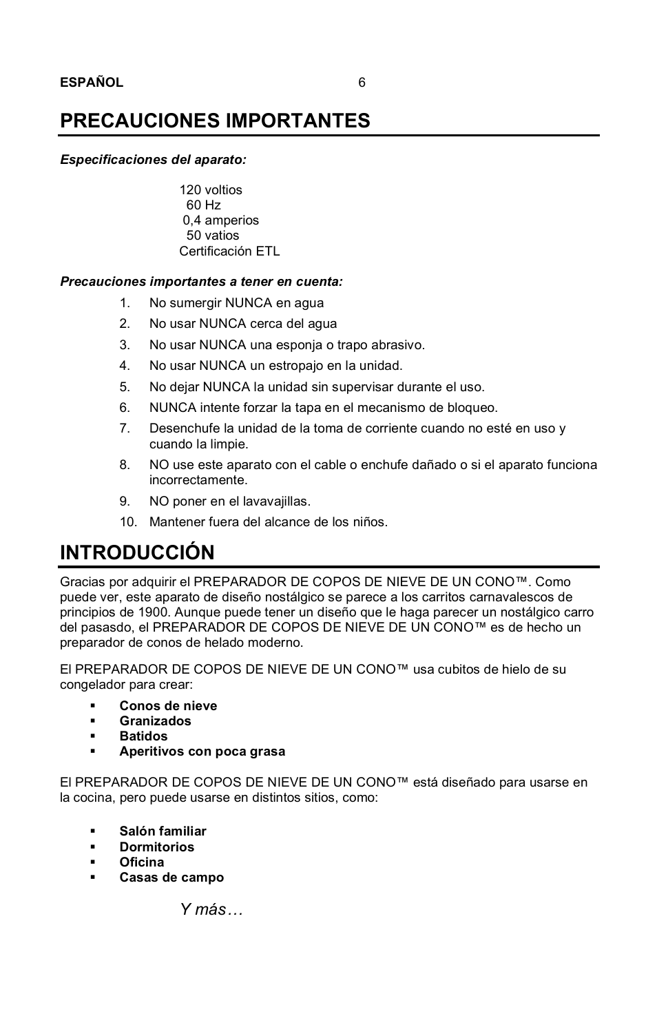 Precauciones importantes, Introducción, Y mбs | Nostalgia Electrics Vintage SCM-802 User Manual | Page 7 / 16