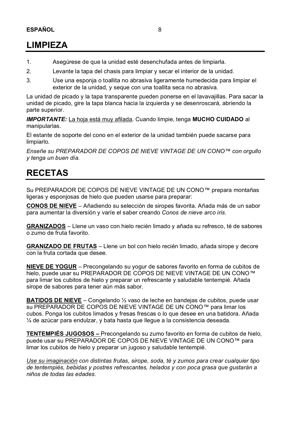 Limpieza, Recetas | Nostalgia Electrics Vintage SCM-802 User Manual | Page 9 / 16
