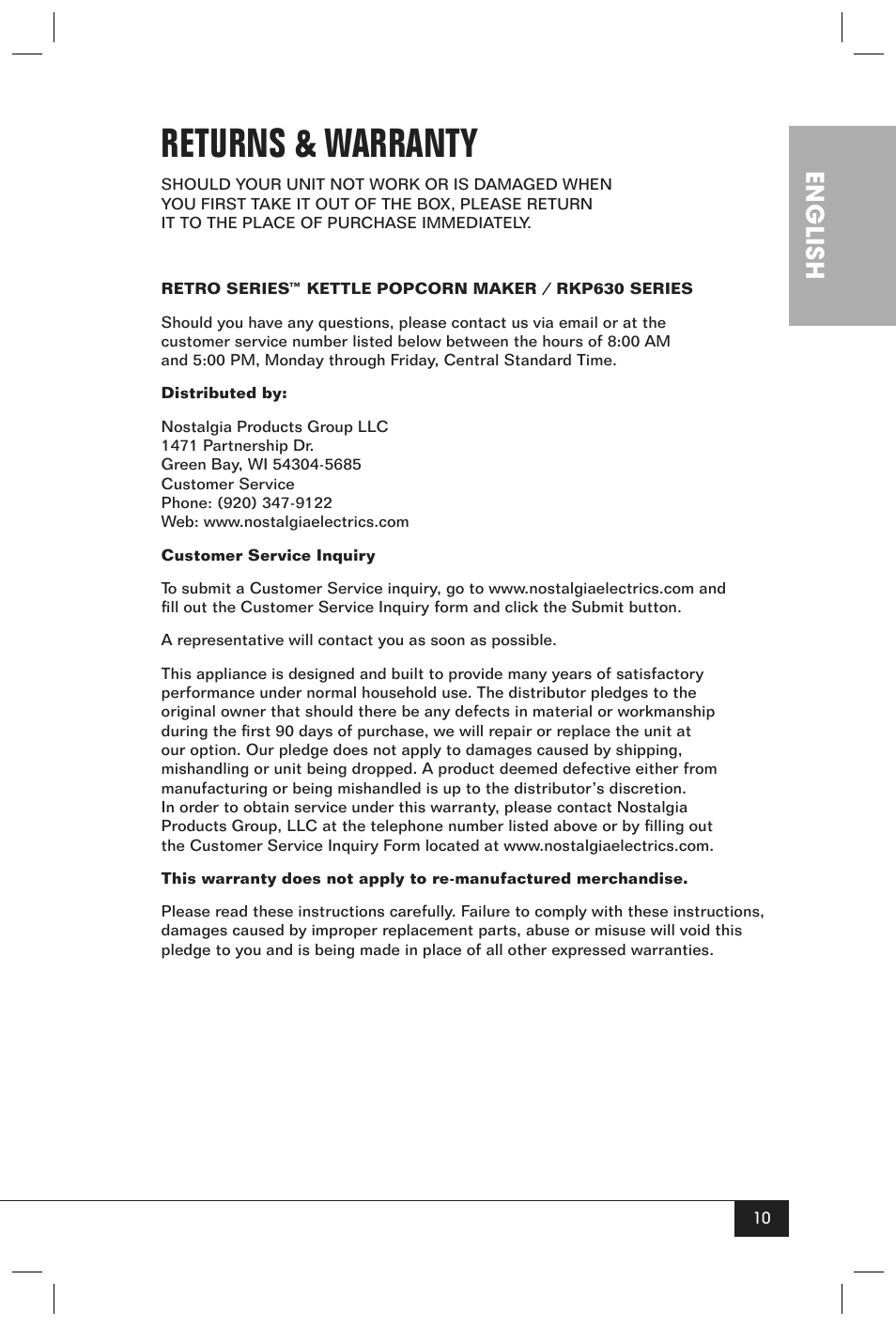 Returns & warranty, English | Nostalgia Electrics RKP630SERIES User Manual | Page 12 / 32