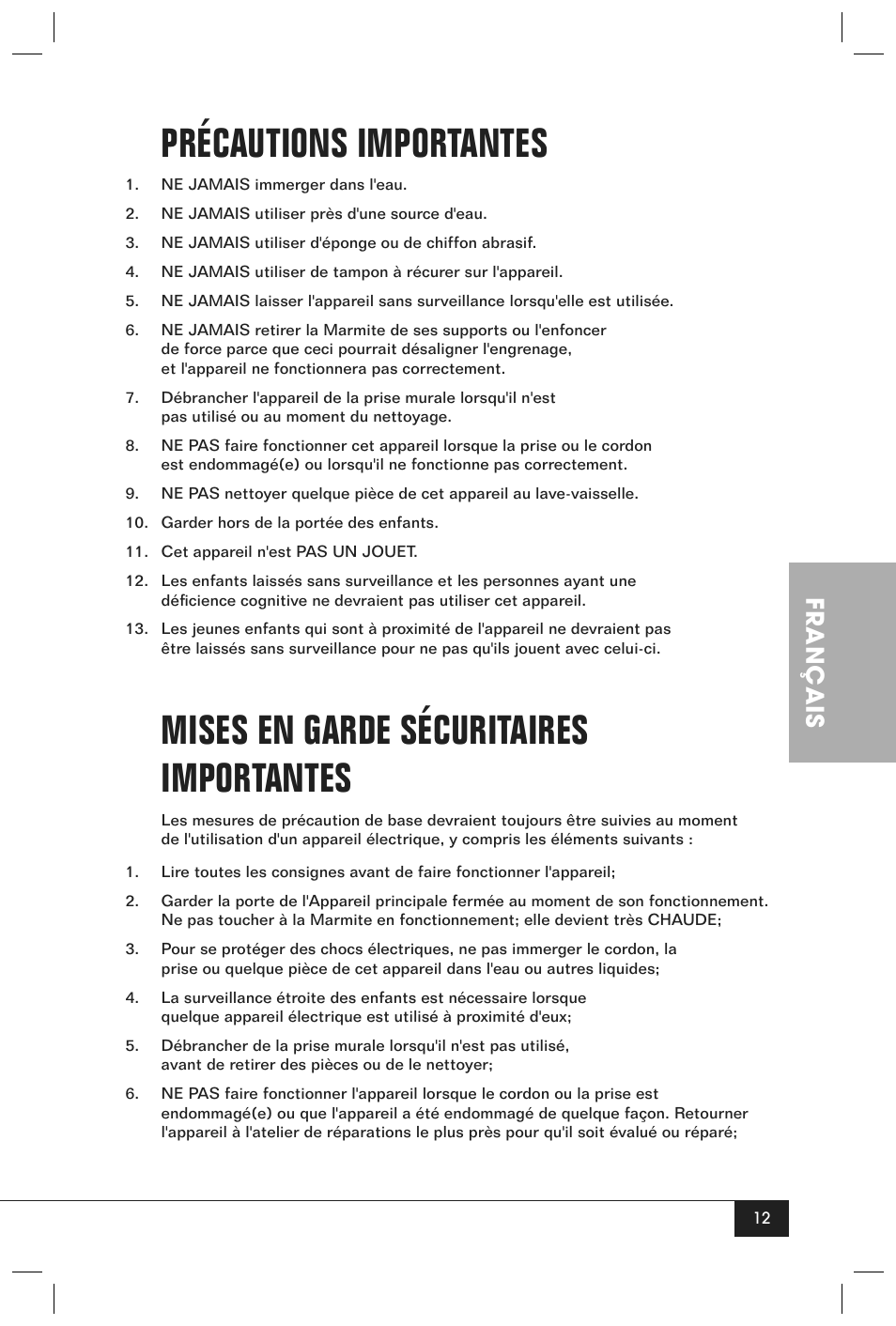 Précautions importantes, Mises en garde sécuritaires importantes, Français | Nostalgia Electrics RKP630SERIES User Manual | Page 14 / 32