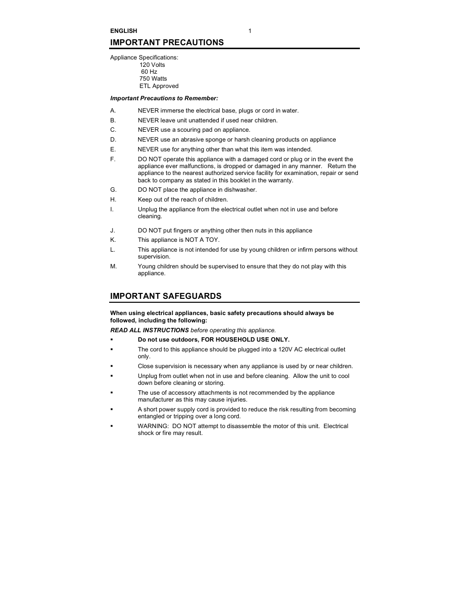 Important precautions, Important safeguards | Nostalgia Electrics PBM-200 User Manual | Page 2 / 8