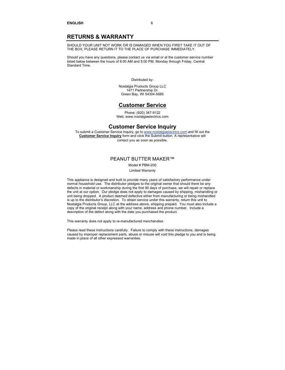 Returns & warranty, Customer service, Customer service inquiry | Nostalgia Electrics PBM-200 User Manual | Page 7 / 8