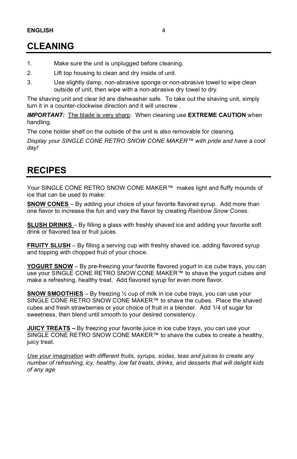 Cleaning, Recipes | Nostalgia Electrics Retro RSM-702 User Manual | Page 6 / 8
