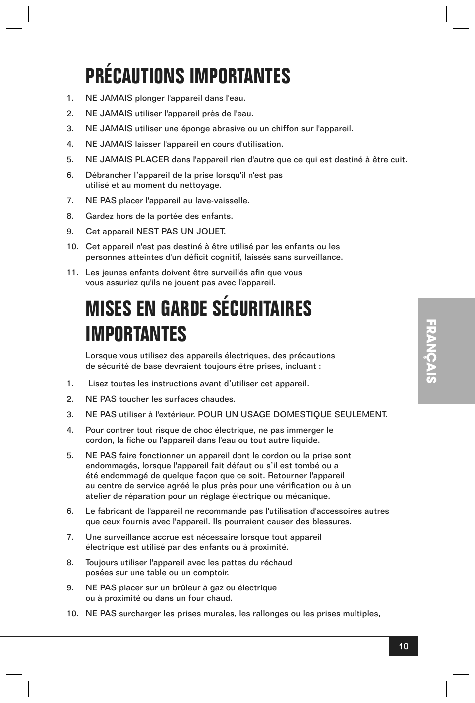 Précautions importantes, Mises en garde sécuritaires importantes, Français | Nostalgia Electrics BCD - 332 User Manual | Page 12 / 26