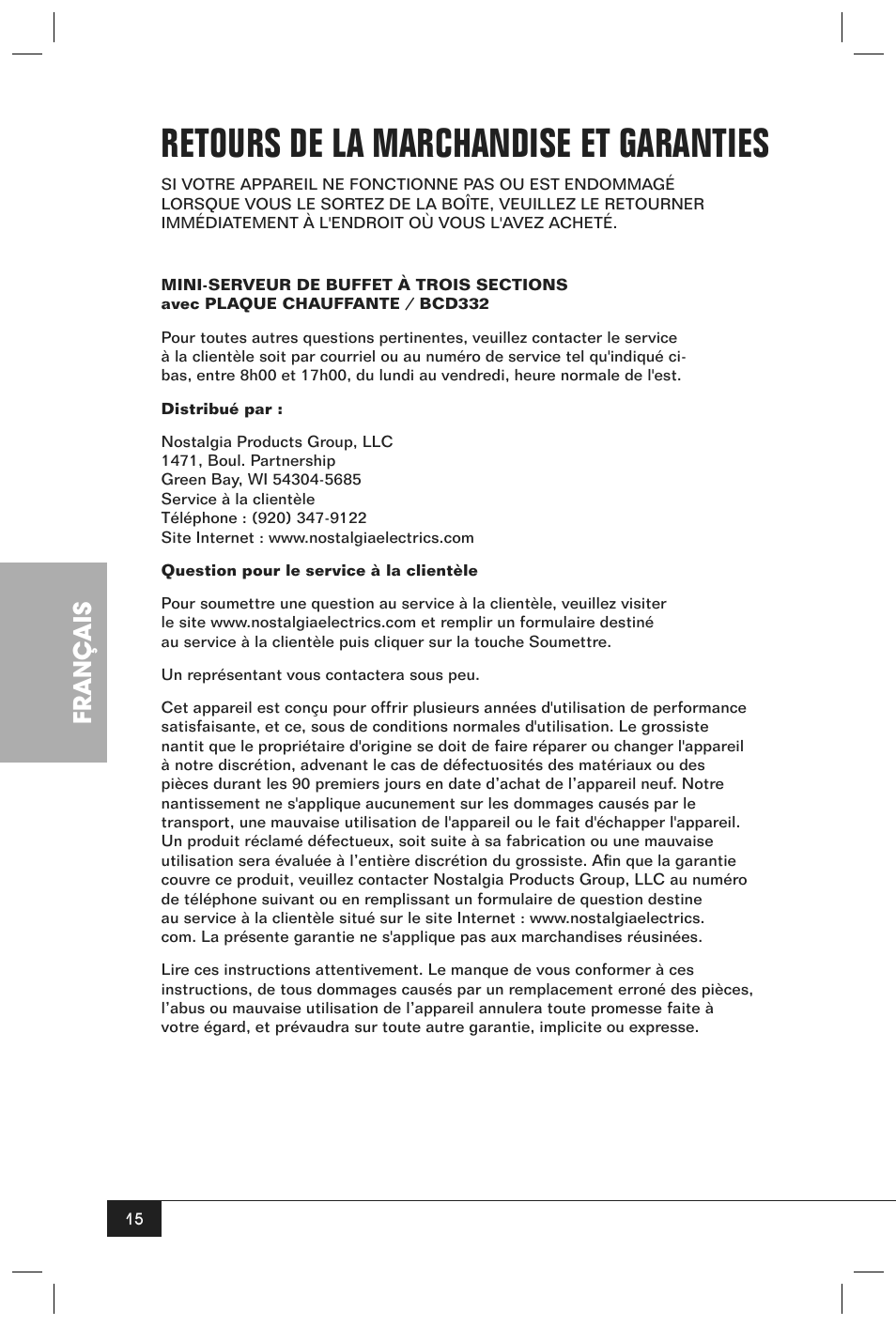 Retours de la marchandise et garanties, Français | Nostalgia Electrics BCD - 332 User Manual | Page 17 / 26