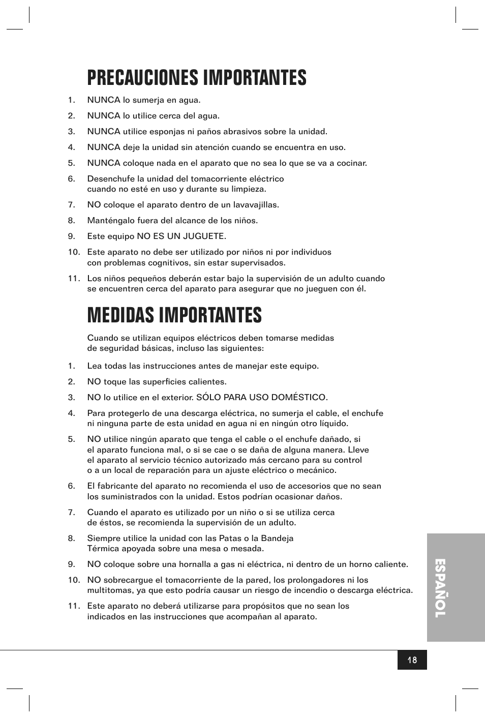 Precauciones importantes, Medidas importantes, Esp añol | Nostalgia Electrics BCD - 332 User Manual | Page 20 / 26