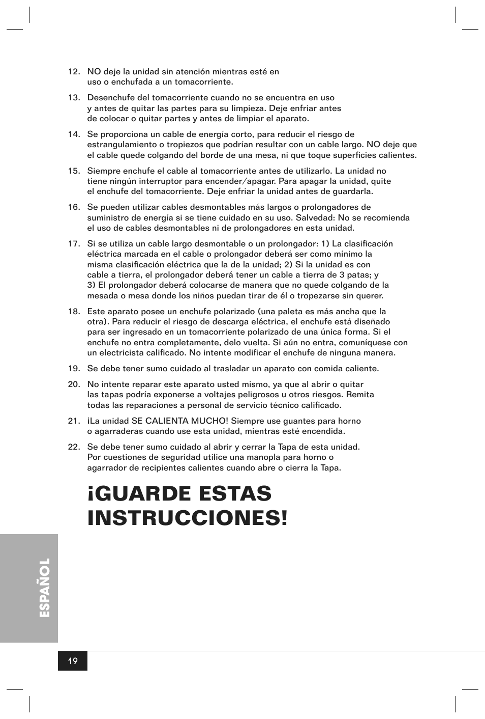 Guarde estas instrucciones, Esp añol | Nostalgia Electrics BCD - 332 User Manual | Page 21 / 26