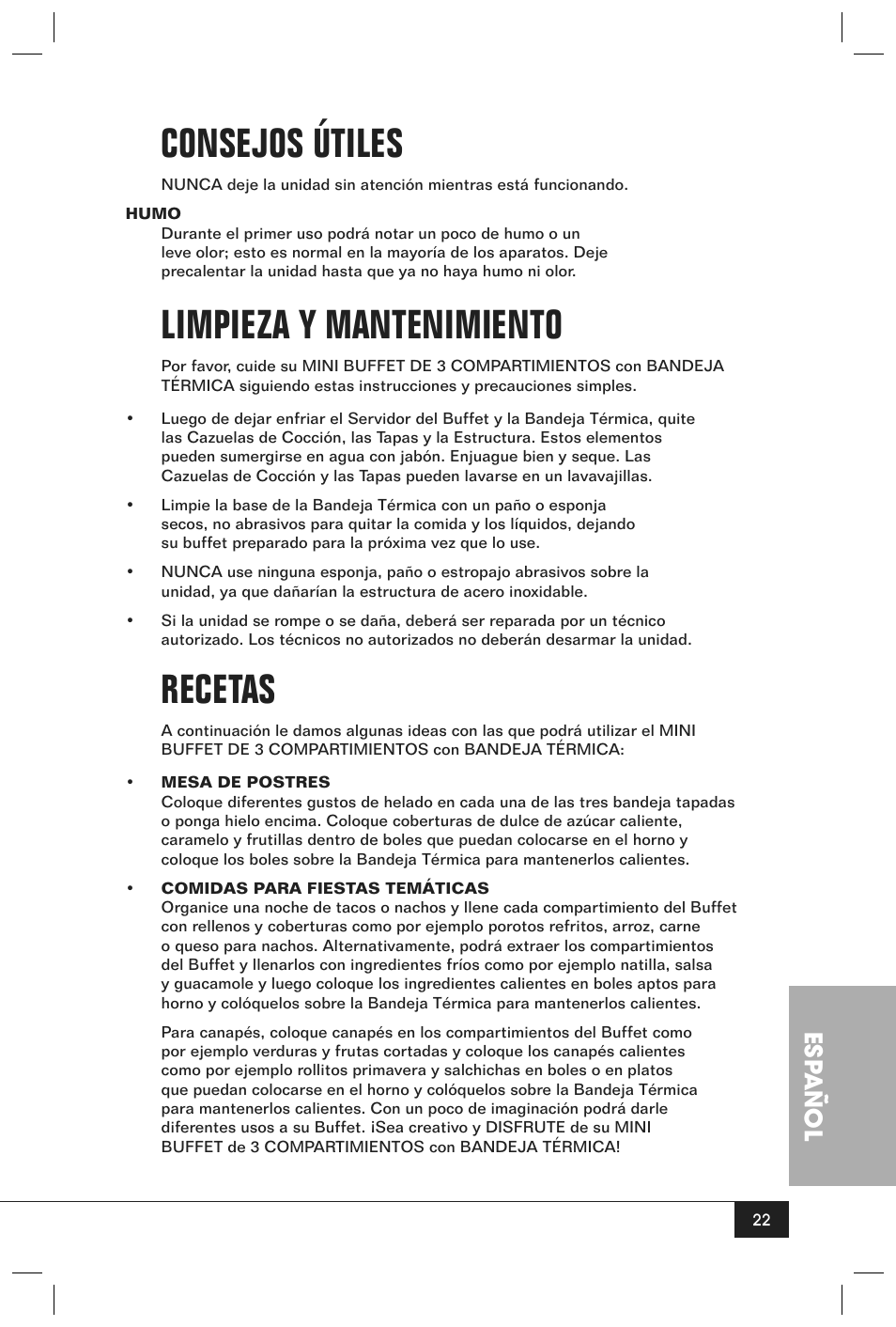 Consejos útiles, Limpieza y mantenimiento, Recetas | Esp añol | Nostalgia Electrics BCD - 332 User Manual | Page 24 / 26