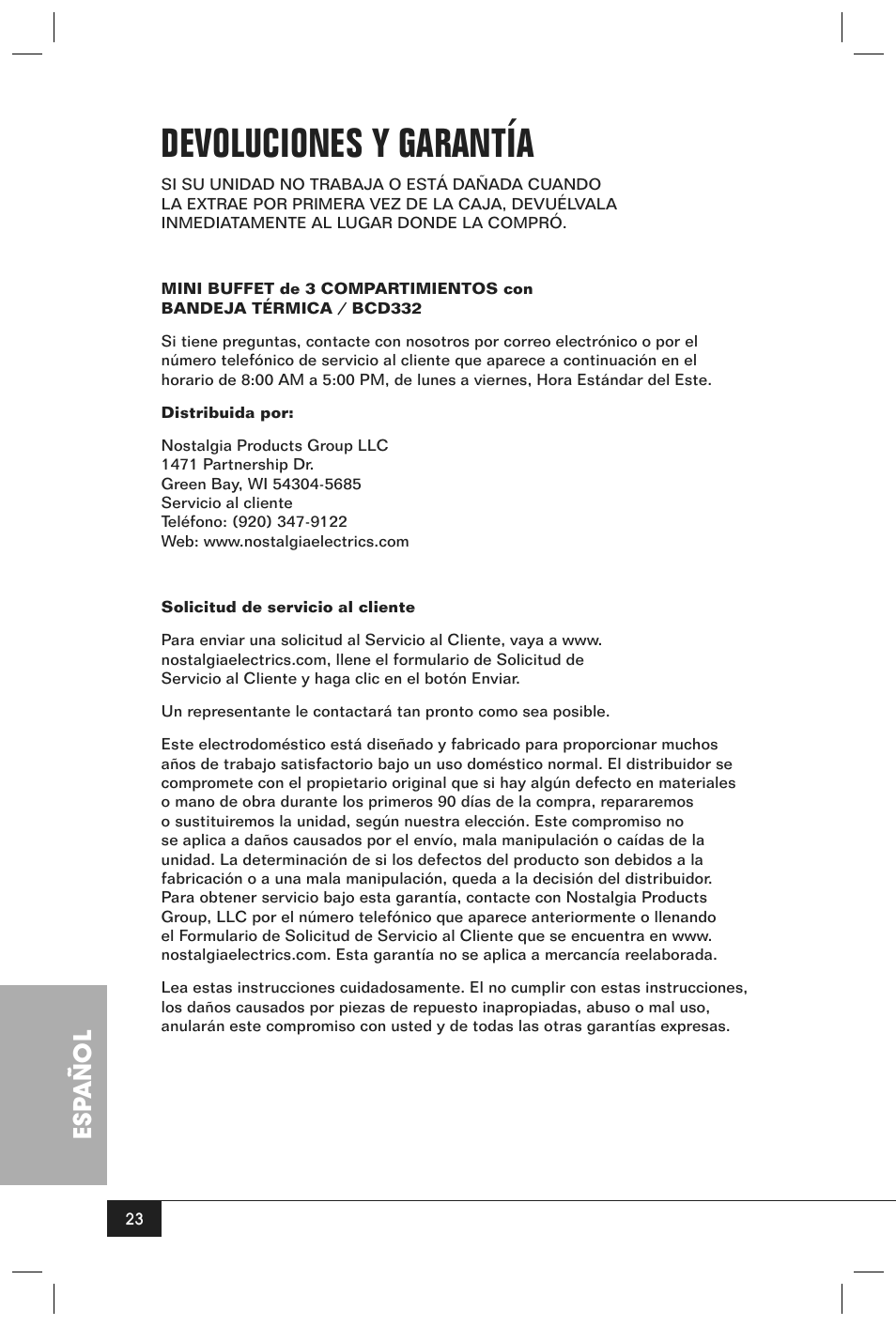 Devoluciones y garantía, Esp añol | Nostalgia Electrics BCD - 332 User Manual | Page 25 / 26