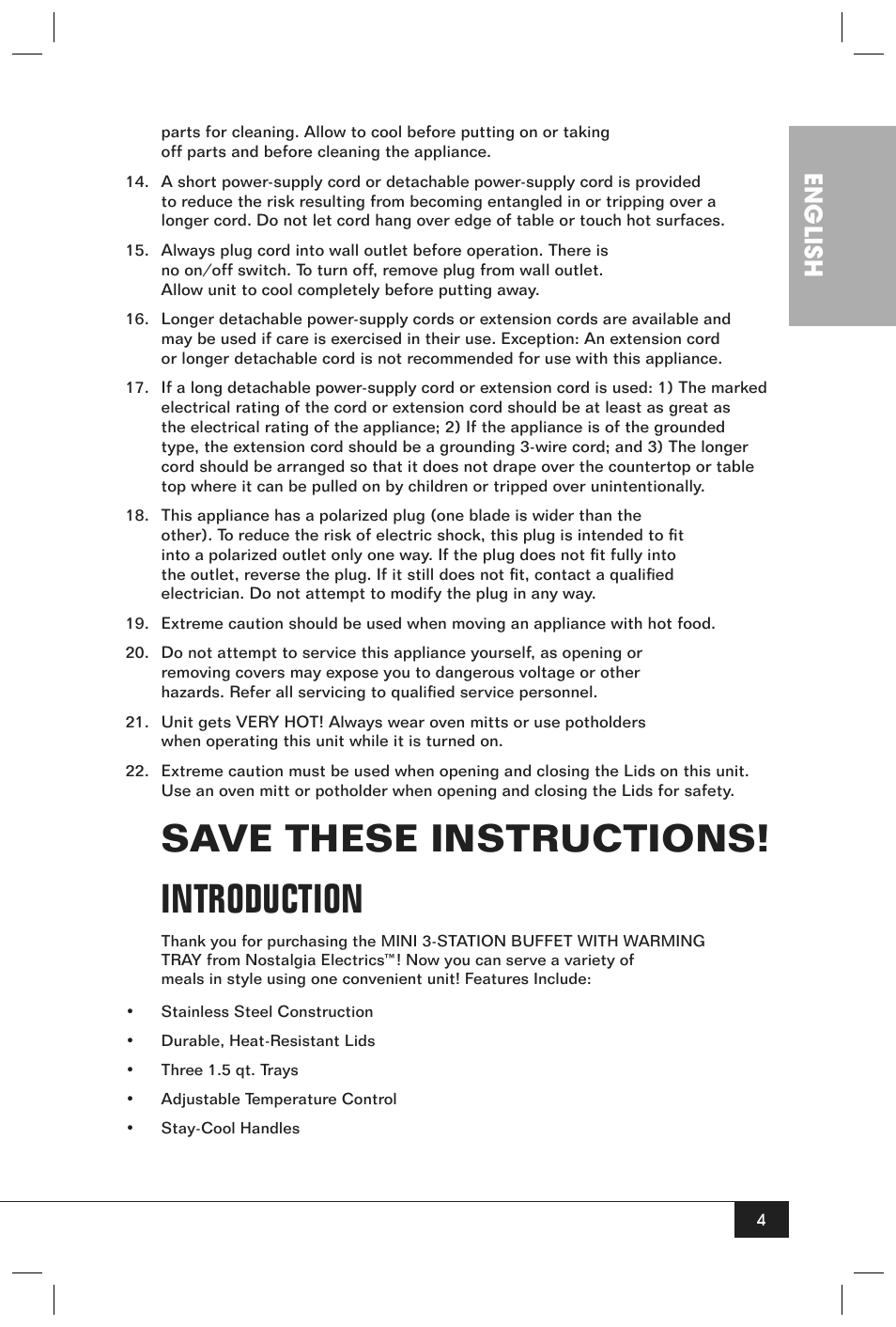 Introduction, Save these instructions, English | Nostalgia Electrics BCD - 332 User Manual | Page 6 / 26