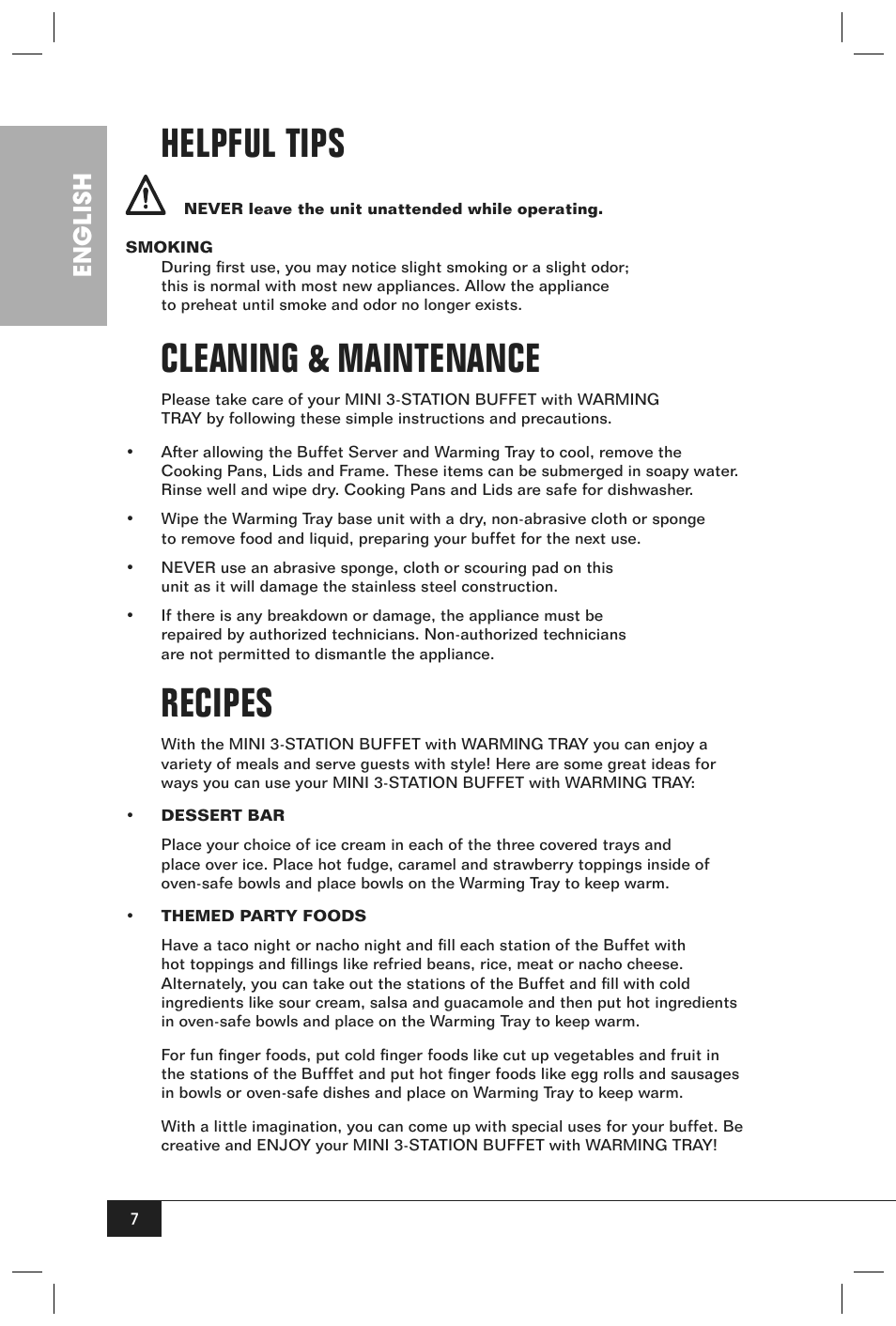 Helpful tips, Cleaning & maintenance, Recipes | English | Nostalgia Electrics BCD - 332 User Manual | Page 9 / 26