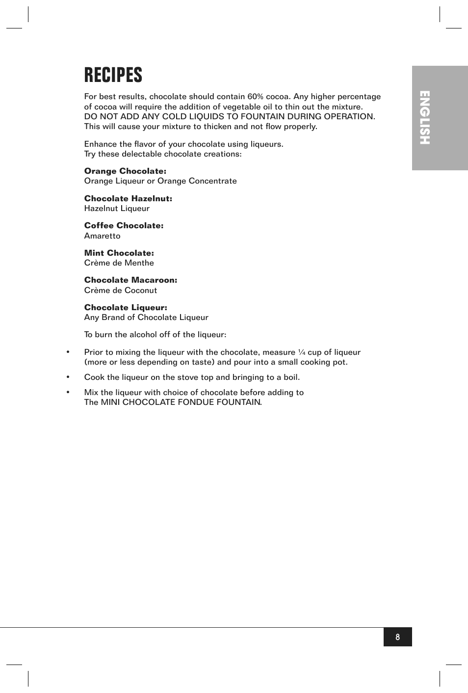 Recipes, English | Nostalgia Electrics CFF-965 User Manual | Page 10 / 32