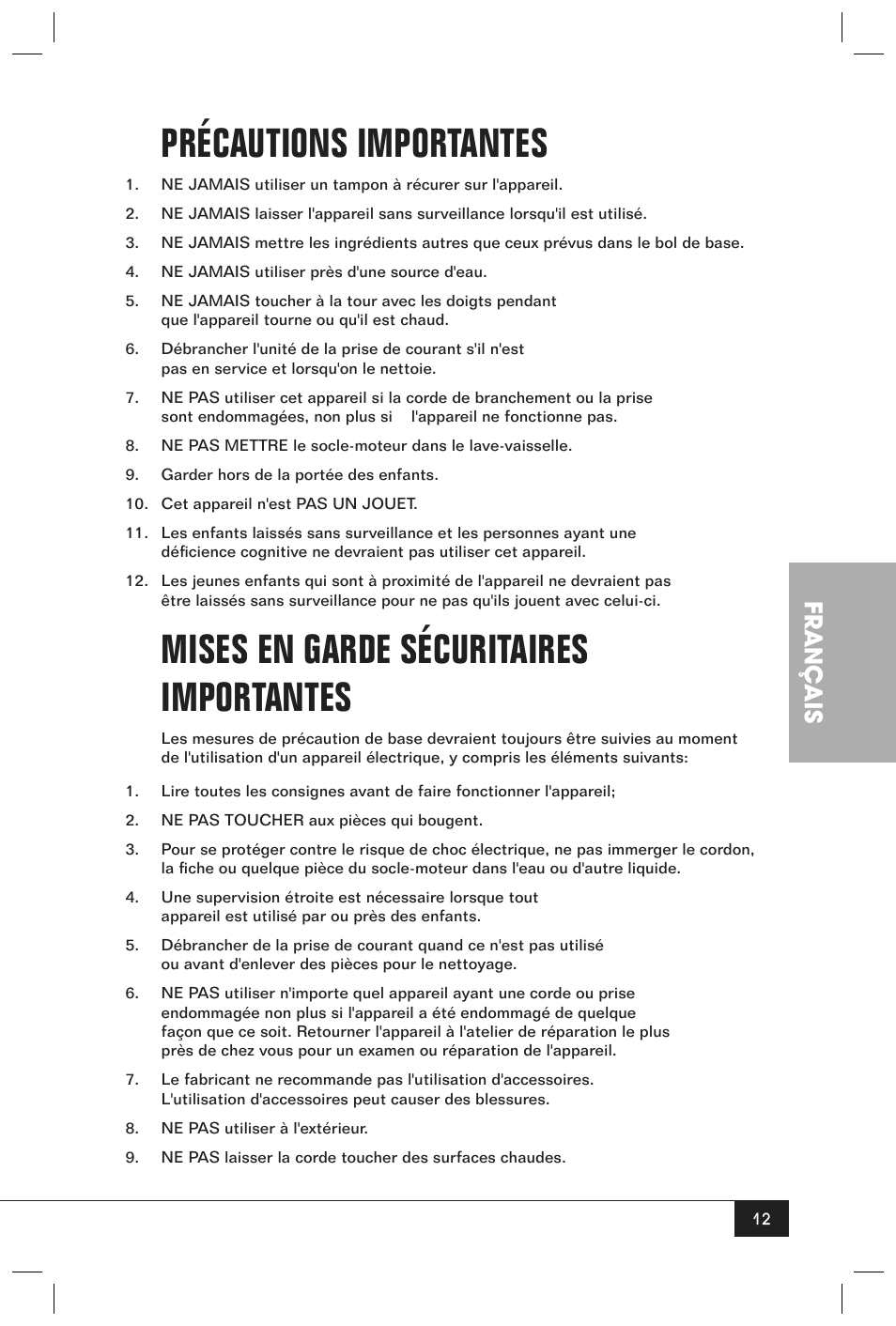 Précautions importantes, Mises en garde sécuritaires importantes, Français | Nostalgia Electrics CFF-965 User Manual | Page 14 / 32