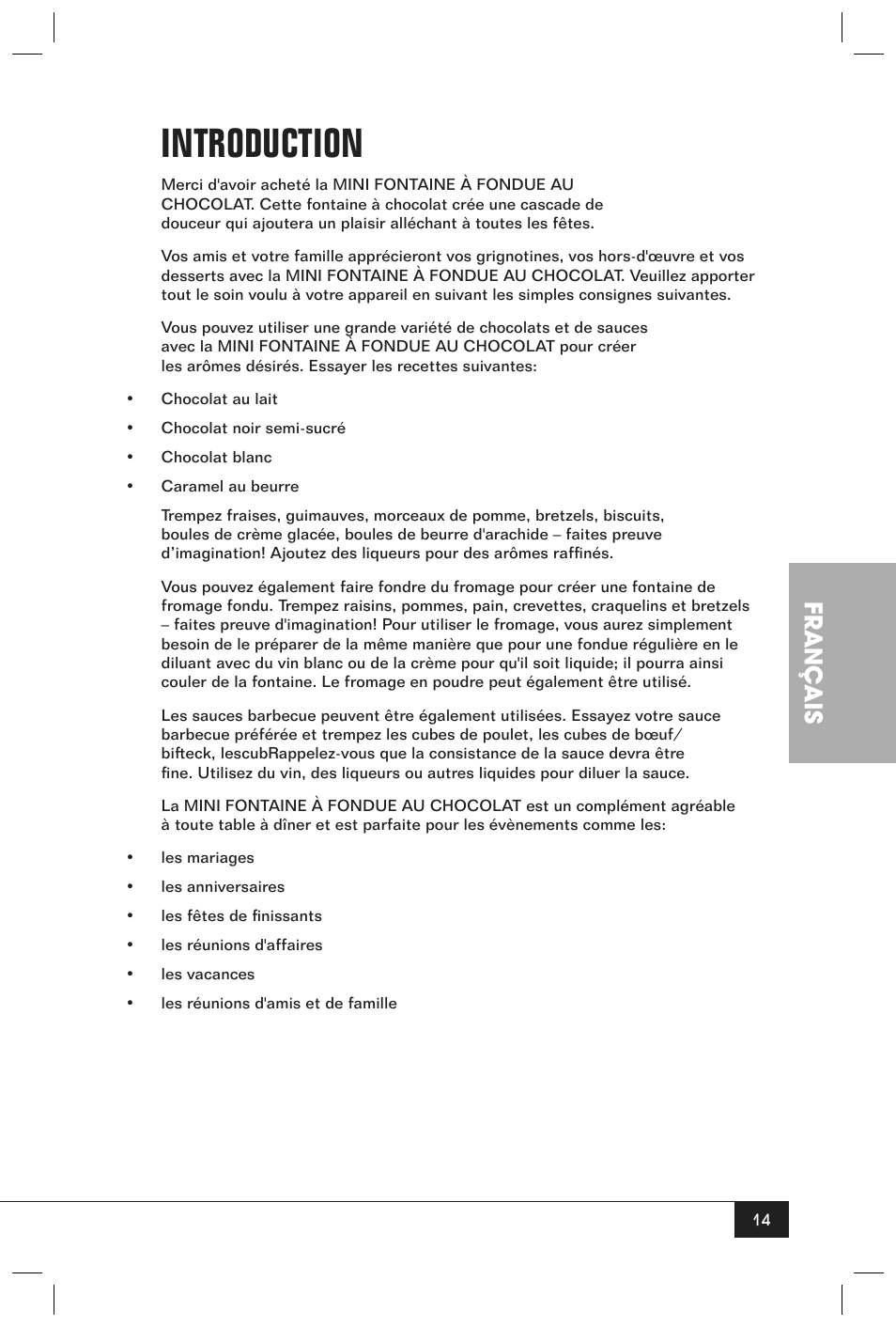 Introduction, Français | Nostalgia Electrics CFF-965 User Manual | Page 16 / 32