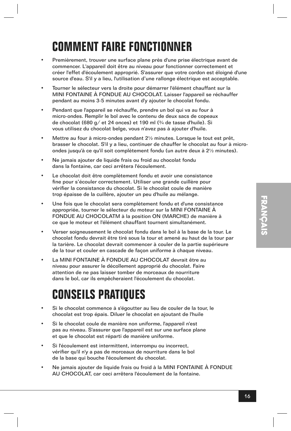 Comment faire fonctionner, Conseils pratiques, Français | Nostalgia Electrics CFF-965 User Manual | Page 18 / 32