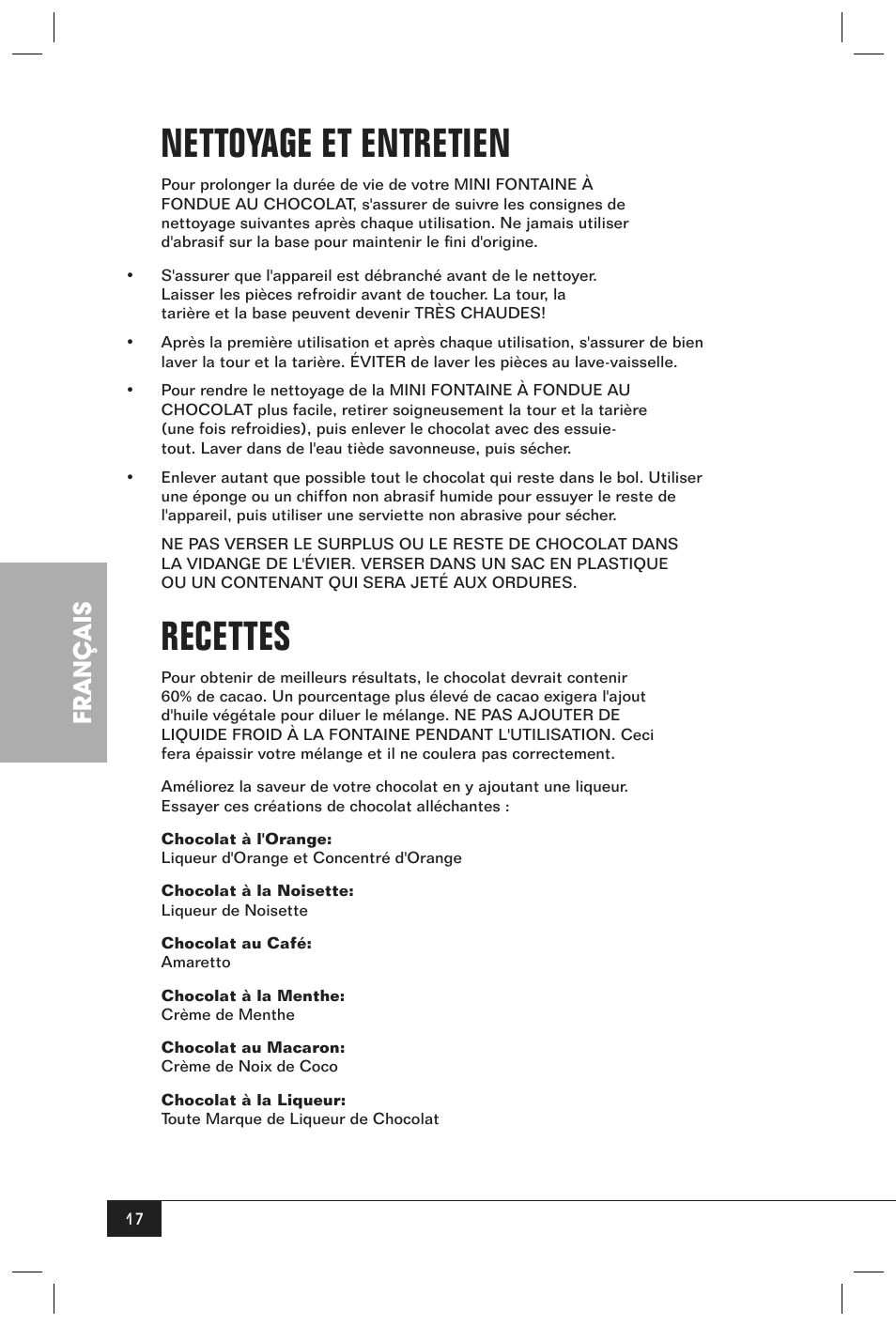 Nettoyage et entretien, Recettes, Français | Nostalgia Electrics CFF-965 User Manual | Page 19 / 32