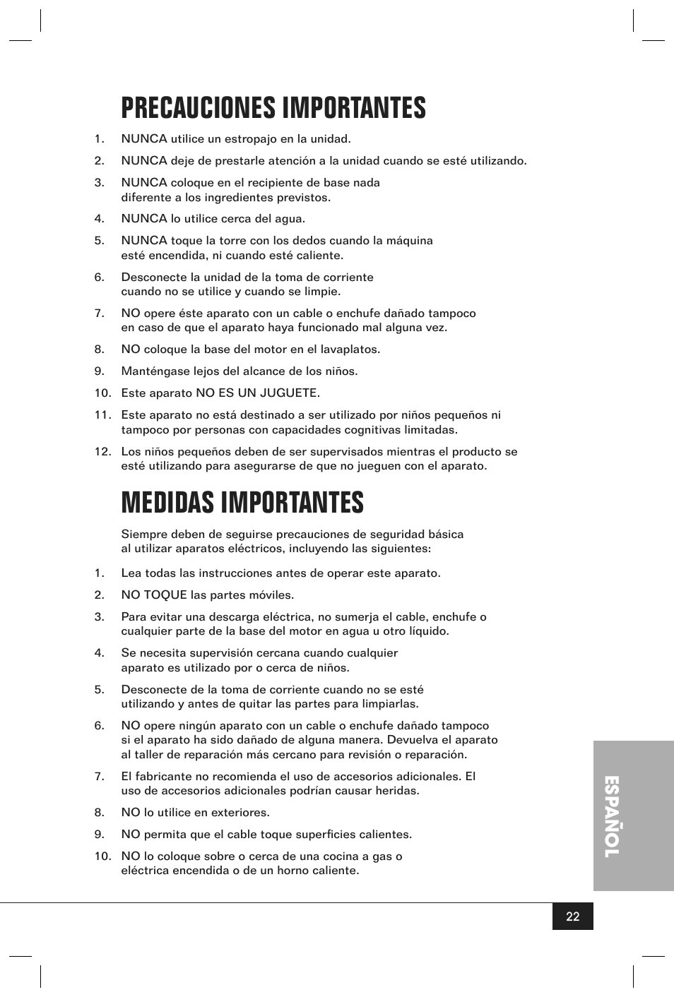 Precauciones importantes, Medidas importantes, Esp añol | Nostalgia Electrics CFF-965 User Manual | Page 24 / 32