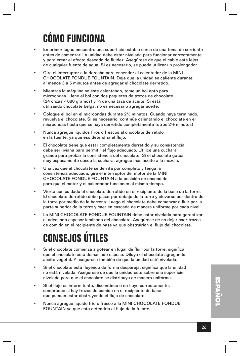 Cómo funciona, Consejos útiles, Esp añol | Nostalgia Electrics CFF-965 User Manual | Page 28 / 32