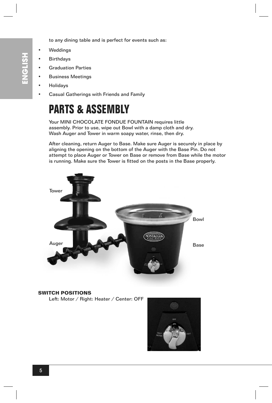 Parts & assembly, English | Nostalgia Electrics CFF-965 User Manual | Page 7 / 32