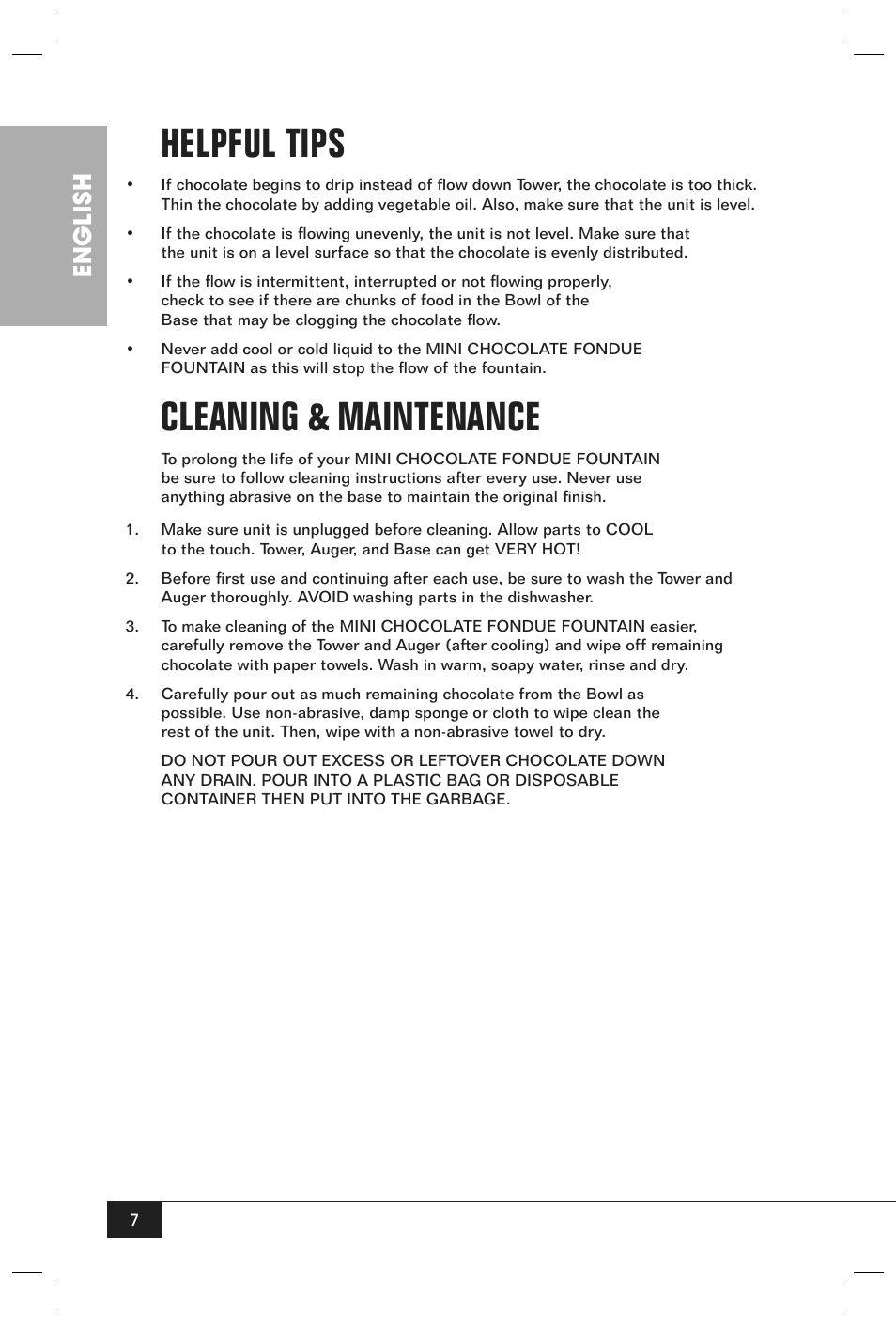 Helpful tips, Cleaning & maintenance, English | Nostalgia Electrics CFF-965 User Manual | Page 9 / 32