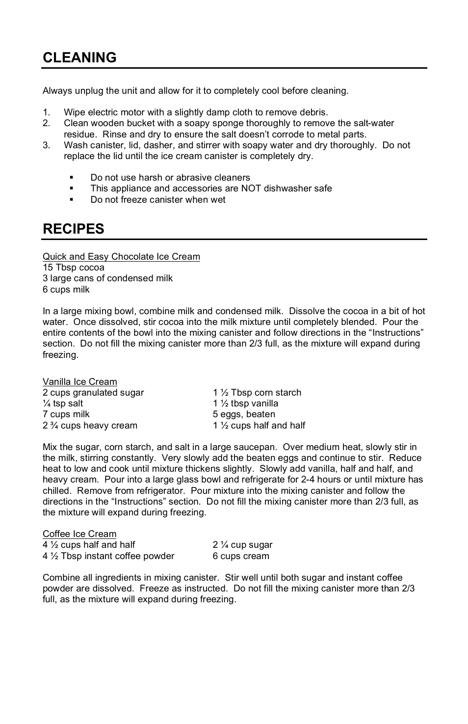 Cleaning, Recipes | Nostalgia Electrics DOUBLE FLAVOR ICE CREAM MAKER DFIM-SERIES User Manual | Page 11 / 15