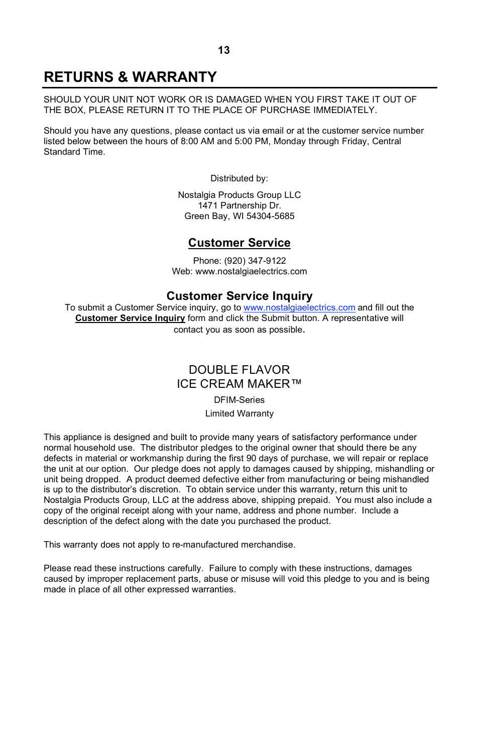 Returns & warranty | Nostalgia Electrics DOUBLE FLAVOR ICE CREAM MAKER DFIM-SERIES User Manual | Page 14 / 15