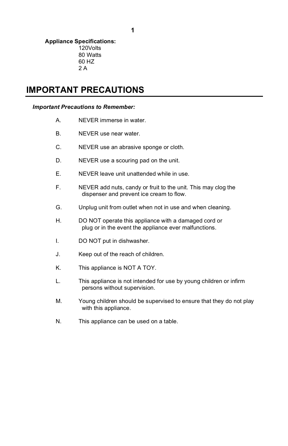 Important precautions | Nostalgia Electrics DOUBLE FLAVOR ICE CREAM MAKER DFIM-SERIES User Manual | Page 2 / 15