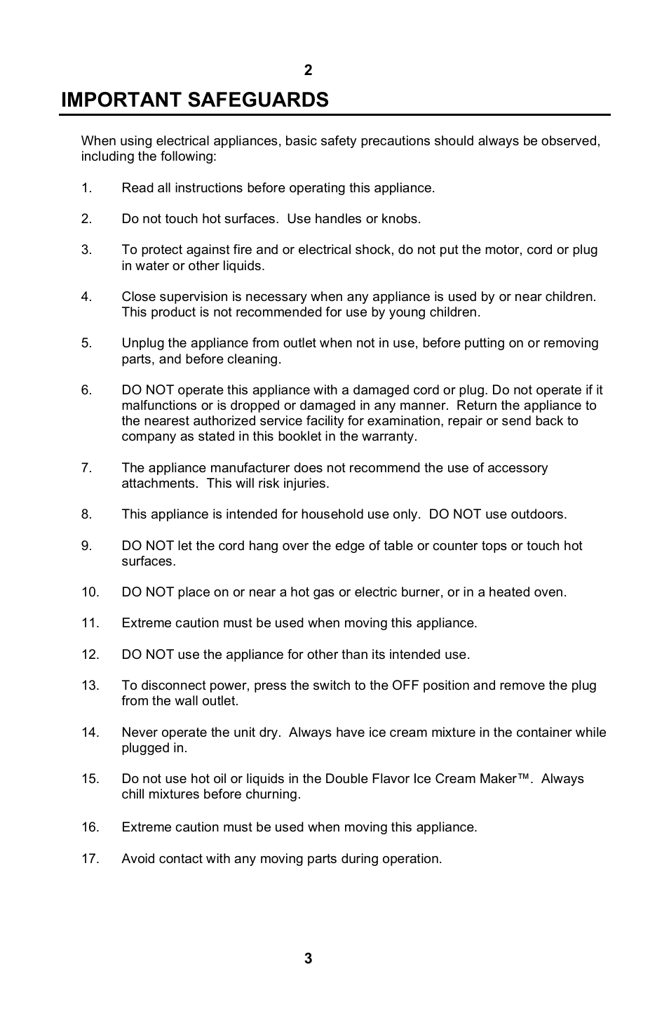 Important safeguards | Nostalgia Electrics DOUBLE FLAVOR ICE CREAM MAKER DFIM-SERIES User Manual | Page 3 / 15