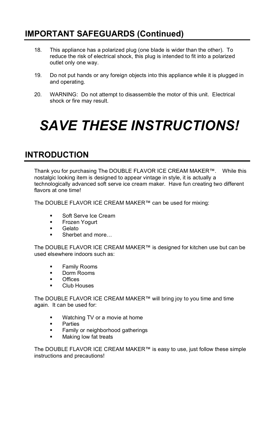 Save these instructions, Important safeguards (continued), Introduction | Nostalgia Electrics DOUBLE FLAVOR ICE CREAM MAKER DFIM-SERIES User Manual | Page 4 / 15