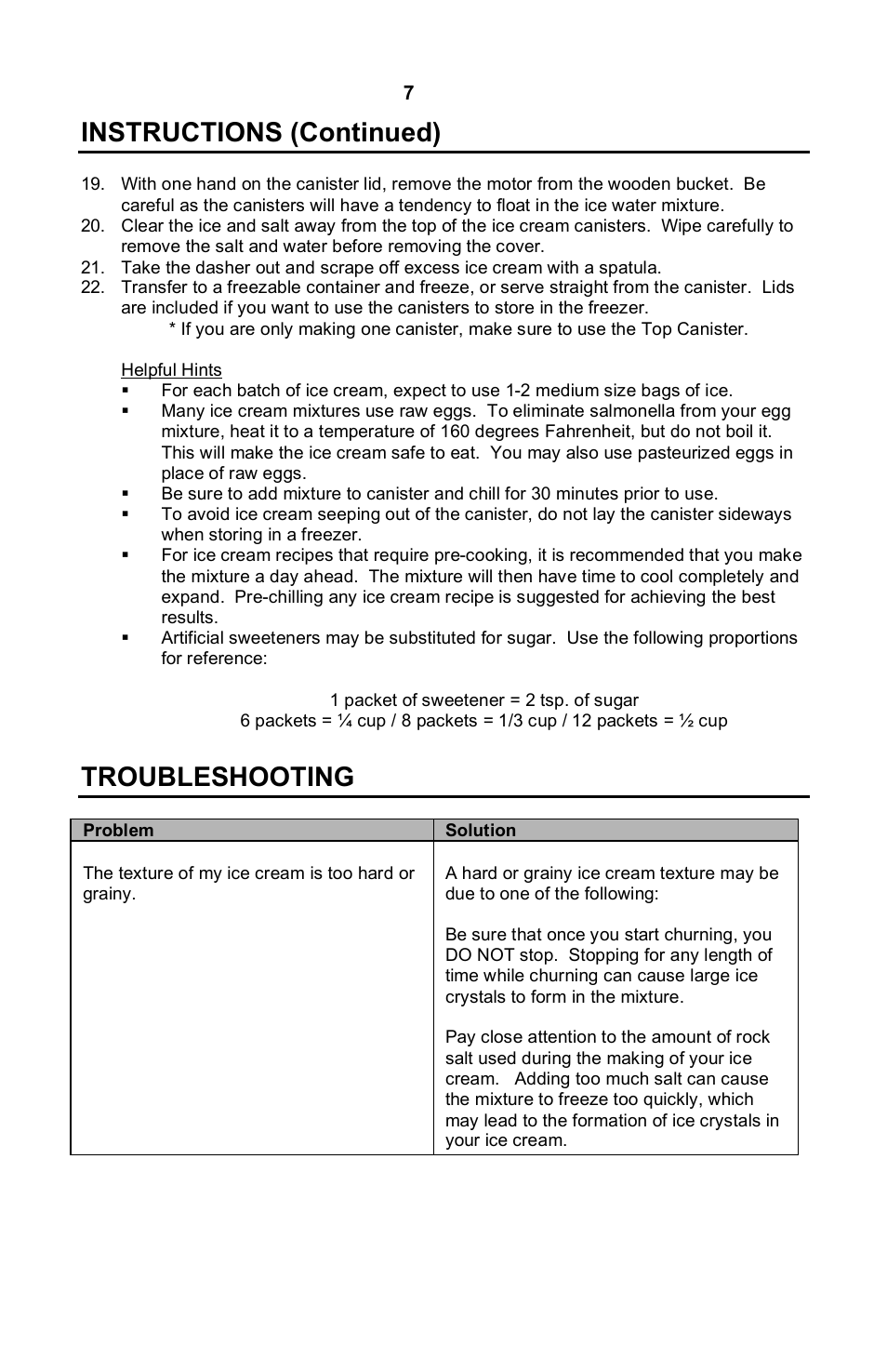 Instructions (continued), Troubleshooting | Nostalgia Electrics DOUBLE FLAVOR ICE CREAM MAKER DFIM-SERIES User Manual | Page 8 / 15