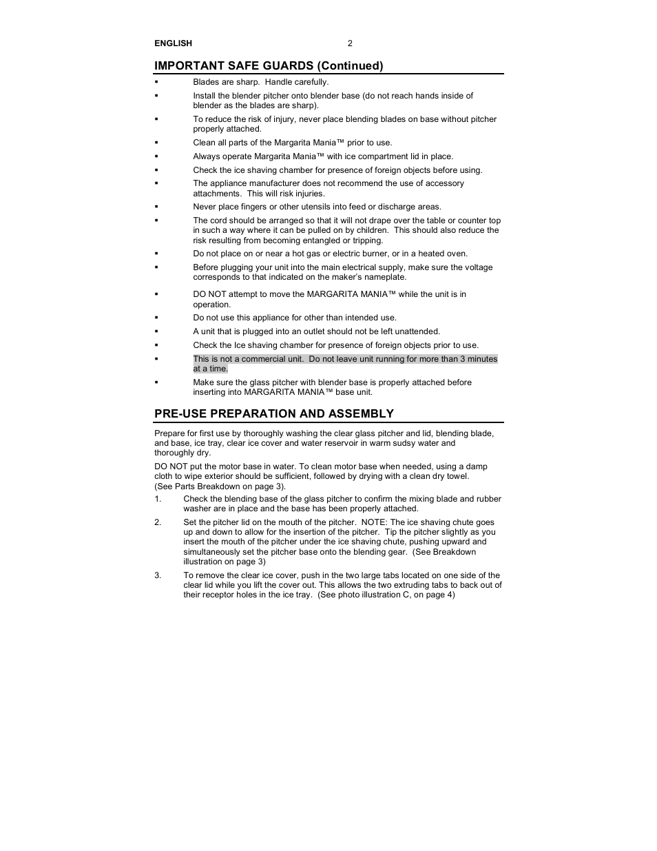 Important safe guards (continued), Pre-use preparation and assembly | Nostalgia Electrics MARGARITA MANIA MMA-600 User Manual | Page 3 / 8