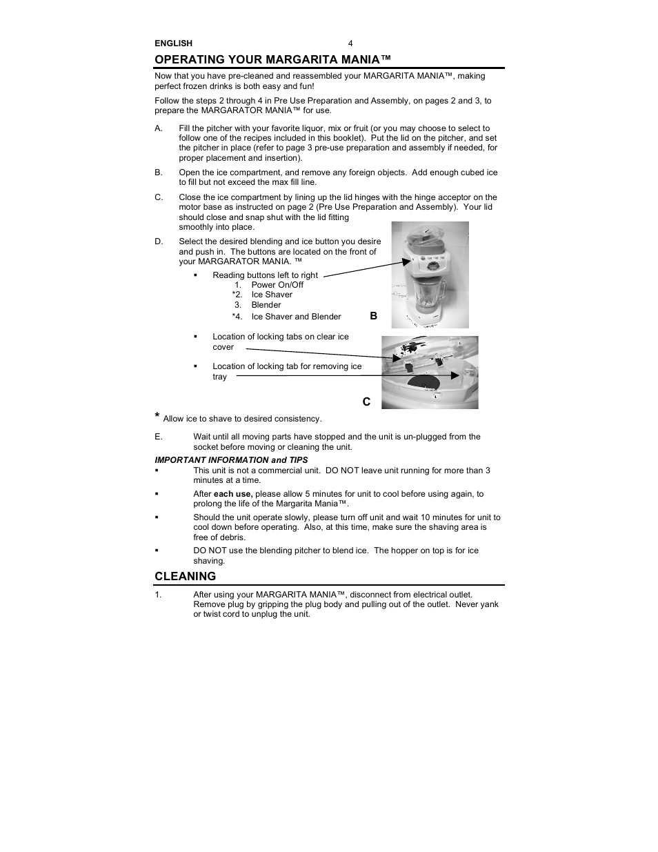 Operating your margarita mania, Cleaning | Nostalgia Electrics MARGARITA MANIA MMA-600 User Manual | Page 5 / 8