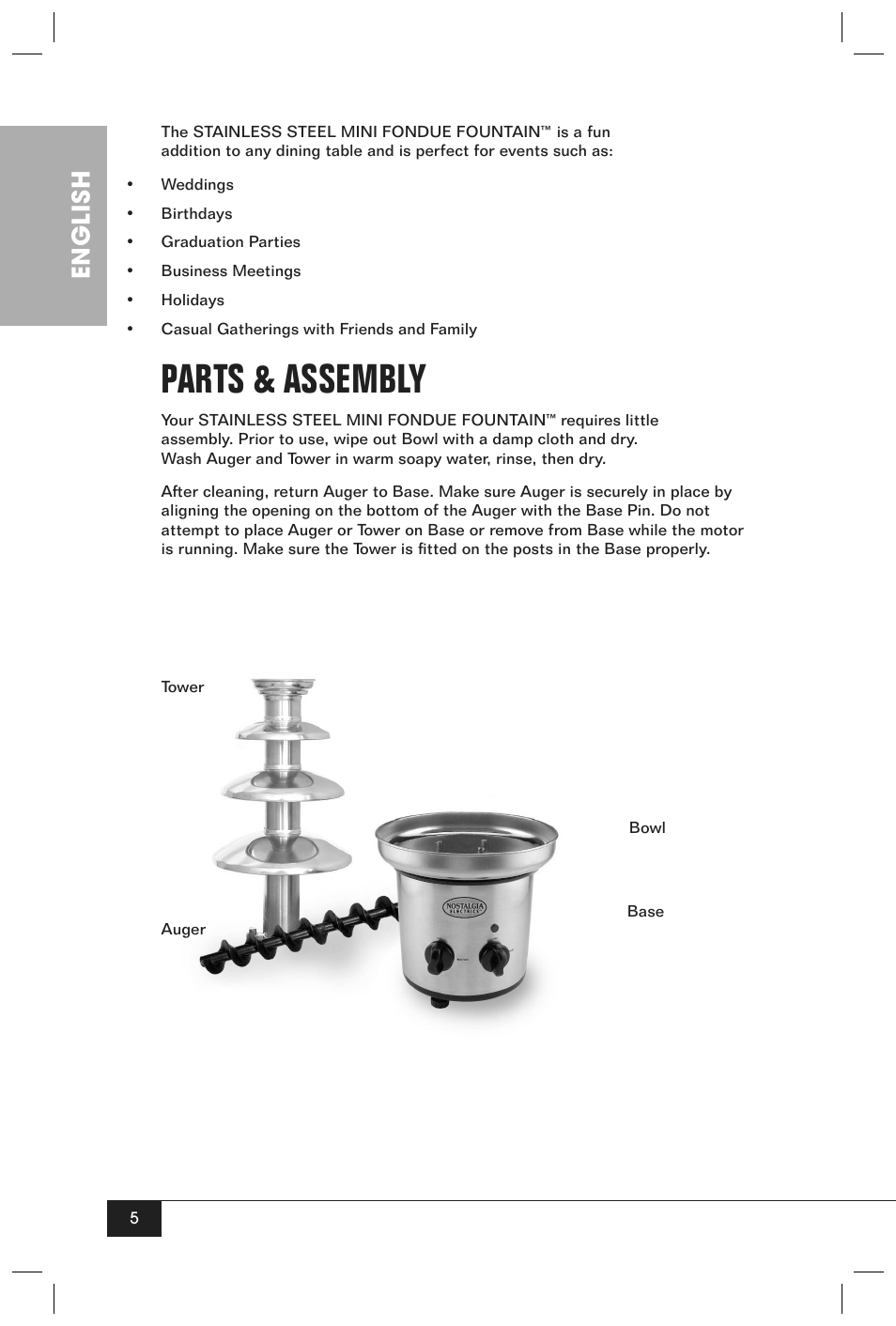 Parts & assembly, English | Nostalgia Electrics CFF-980 User Manual | Page 7 / 12