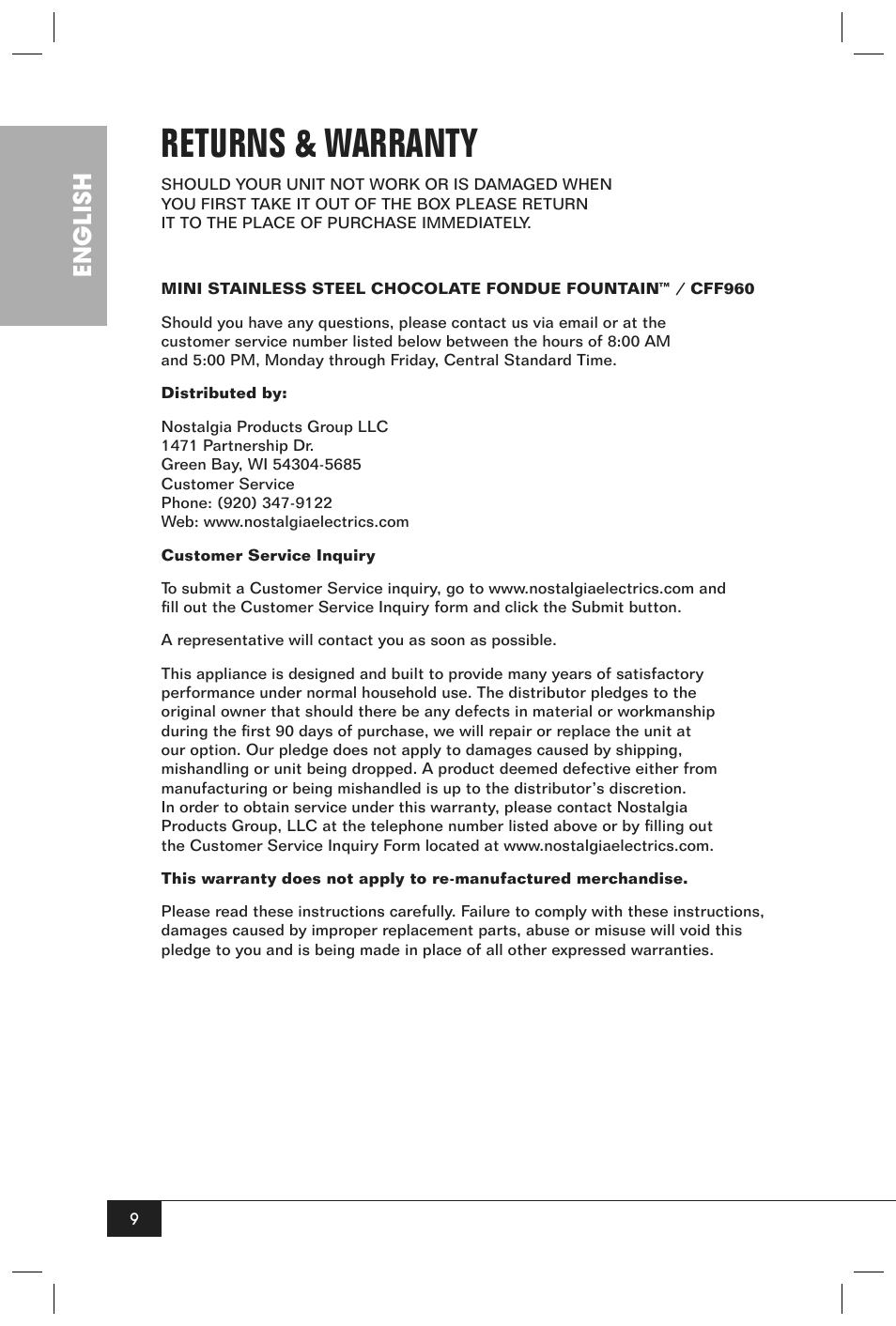 Returns & warranty, English | Nostalgia Electrics CFF960 User Manual | Page 11 / 12